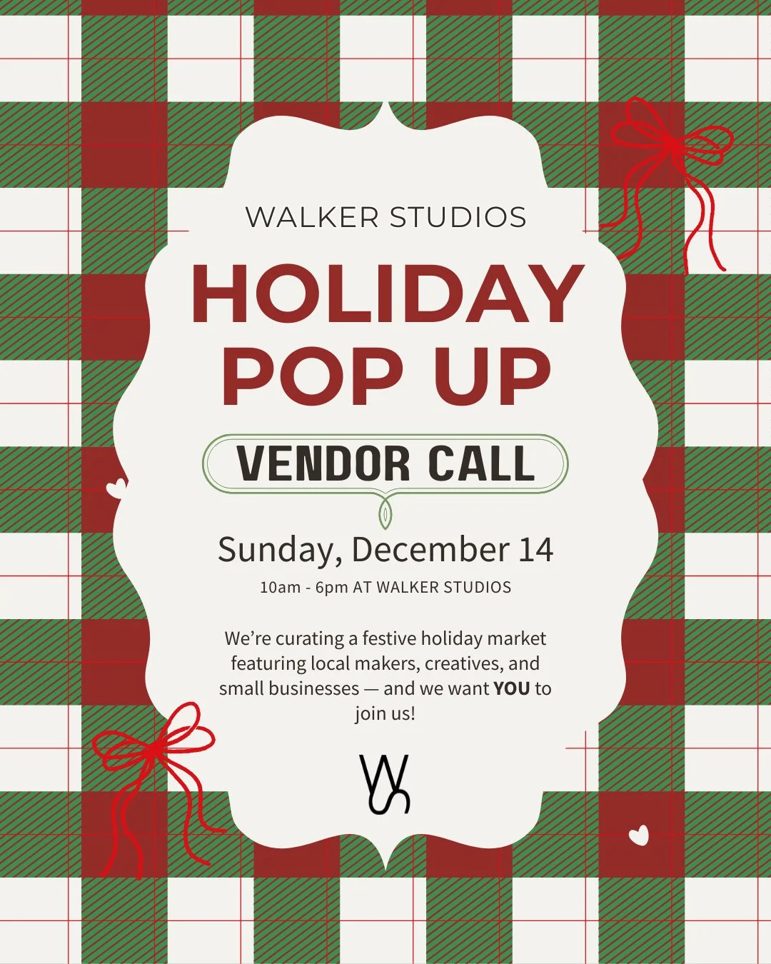 ✨ Join Our Holiday Pop Up! ✨⁠
⁠
Walker Studios is bringing together local makers, creatives, and small businesses on December 14! If your products fit our cozy, elevated vibe, we&rsquo;d love for you to apply.⁠
⁠
A vendor fee covers your table, chair