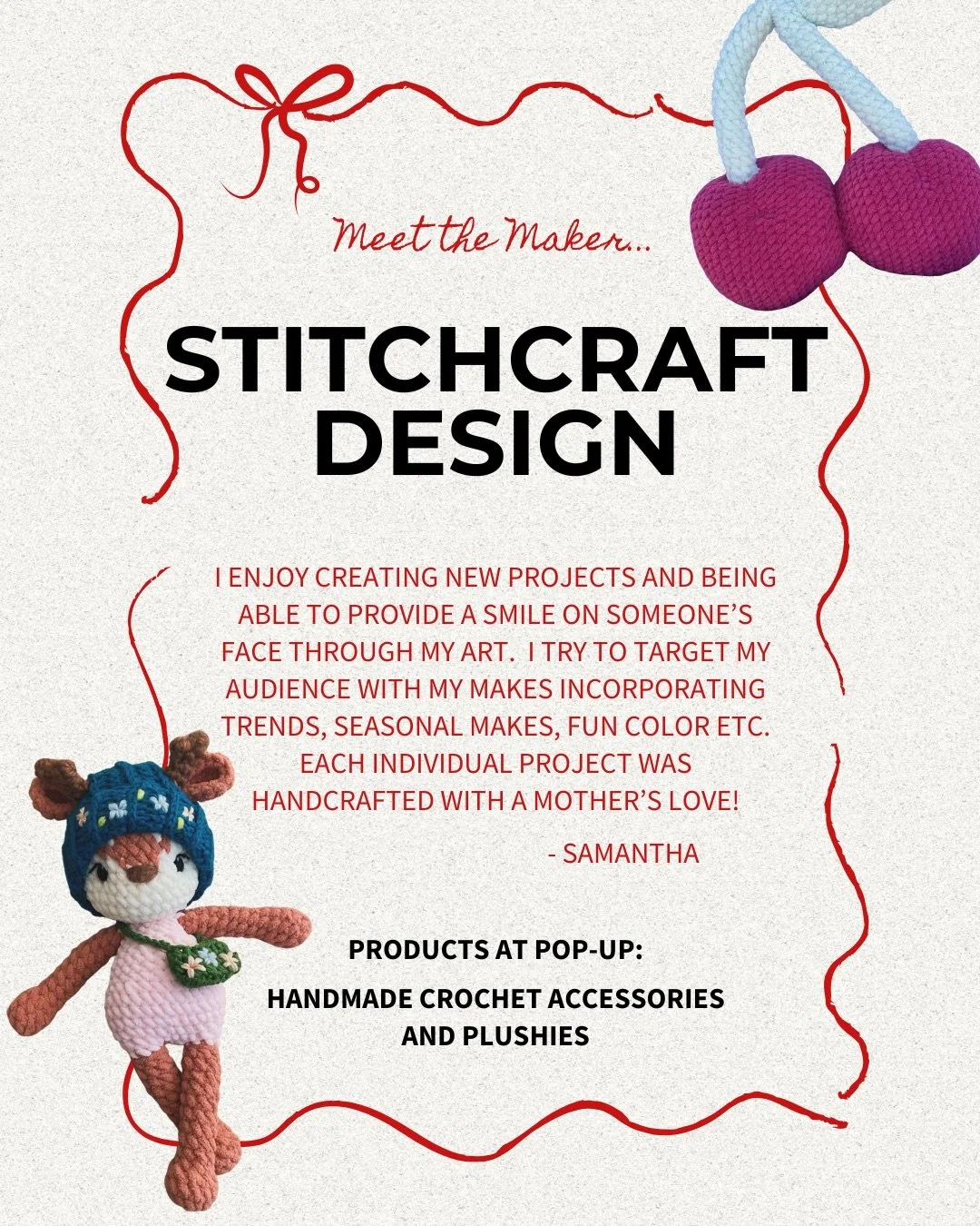 Vendor Spotlight: StitchCraft Design 🧵✨
Handmade crochet accessories and the cutest plushies&mdash;crafted with care and creativity. Find their cozy creations at our pop-up!

#CrochetCreators #handmadewithlove #ShopLocalMN #HolidayPopup #walkerstudi