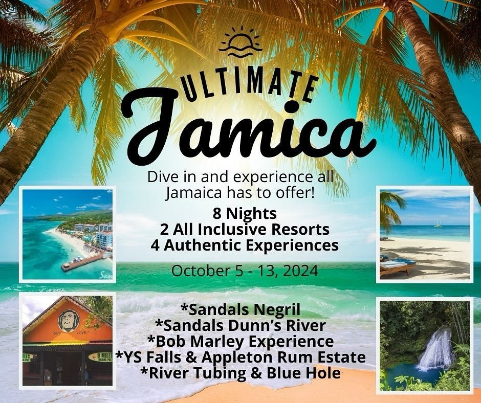 Ready to experience Jamaica - the beaches, the waterfalls, the rivers and more?!
$3890 person, based on double occupancy. 
*sample pricing based on travel October 8-13, 2024.  Airfare is not included. 

Contact me for details!  #beyondtheseatravels #
