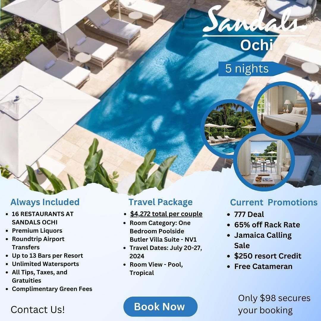 🇯🇲JAMAICA IS CALLING!🇯🇲

Another Jaw Dropping Sandals Deal that you don&rsquo;t want to miss! 

@sandalsochibeach One Bedroom BUTLER Villa Suite (NV1) for 7 days at only $4,272 per couple!!!!!!! 

*Includes Catamaran &amp; $250 resort credit with
