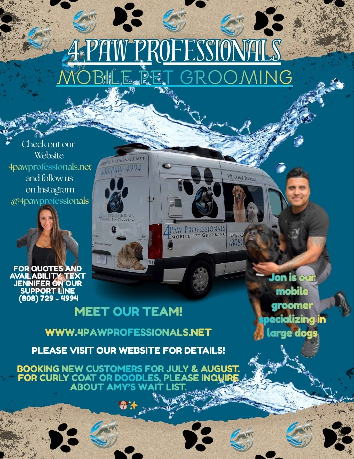 Flyer for 4 Paw Professionals Mobile Pet Grooming featuring a van with dog images, a smiling groomer holding a large dog, and text with contact information, services, and promotional details.