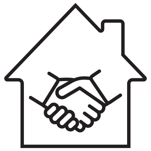 Line drawing of a house with a handshake inside.