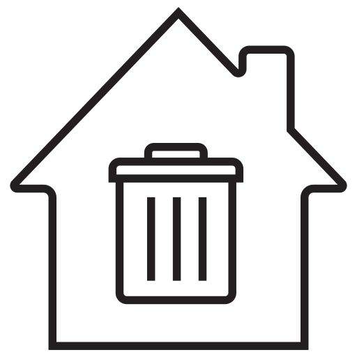 Outline of a house with a trash can inside.