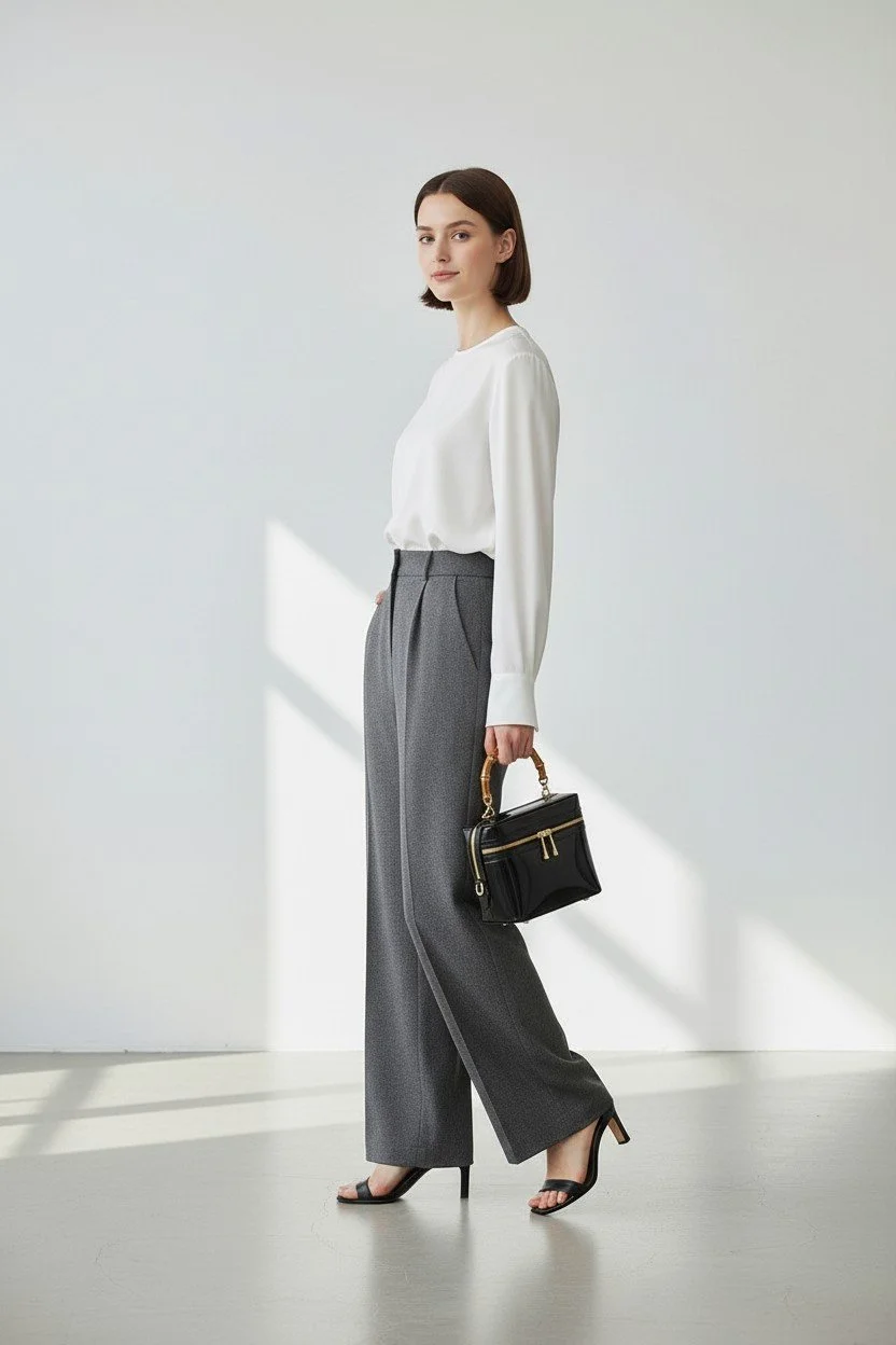 A woman with shoulder-length brown hair wearing a white long sleeve blouse, gray wide-leg trousers, black open-toed high heels, and holding a black handbag with a bamboo handle.