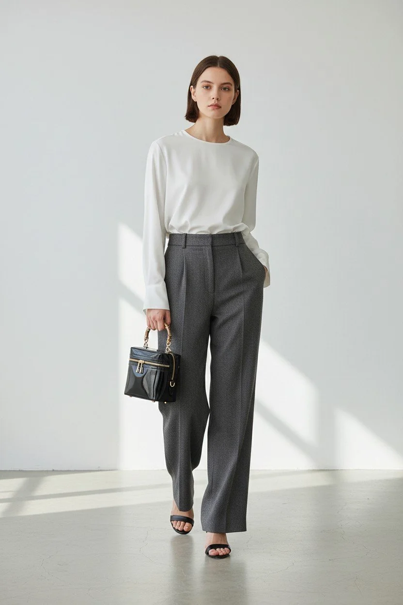 A woman in a white blouse and gray tailored trousers standing holding a black handbag with gold accents, wearing black open-toe heels, against a minimalistic white background with sunlight.