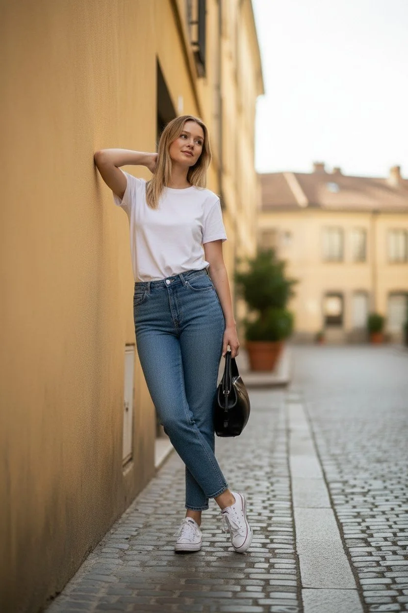 A woman leaning against a yellow wall on a cobblestone street, wearing a white t-shirt, blue jeans, white sneakers, holding a black handbag, with buildings and potted plants in the background.