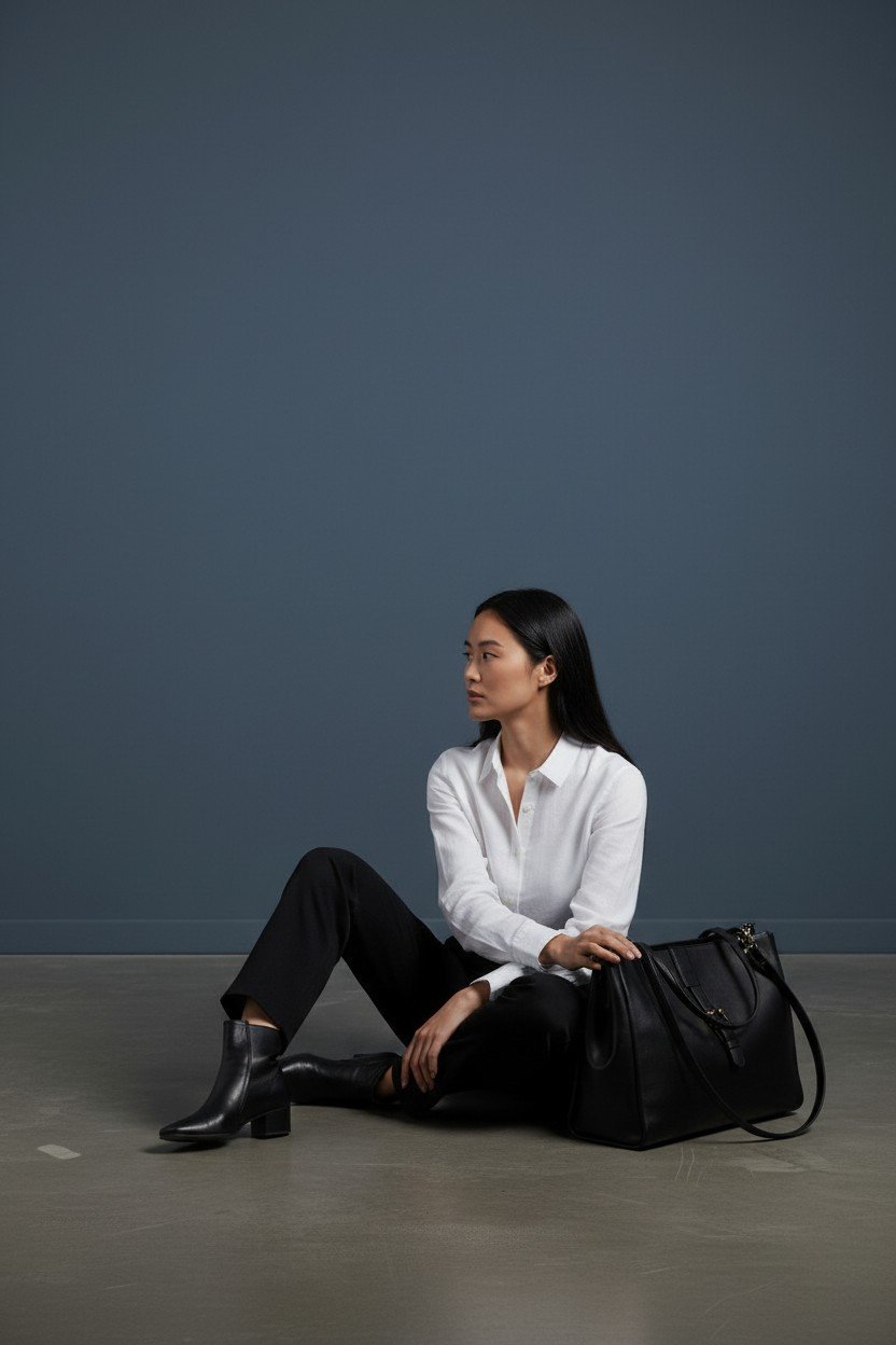 A woman sitting on the floor against a plain dark blue wall, wearing a white shirt, black pants, and black ankle boots, with a large black handbag beside her.