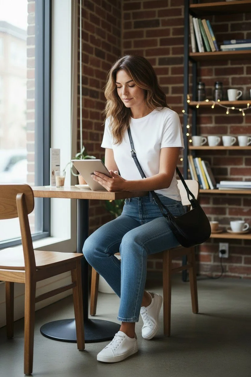 A woman sitting at a wooden table in a coffee shop, looking at a tablet in her hands. She has wavy brown hair, is wearing a white t-shirt, blue jeans, and white sneakers. There is a window to her left, a shelf with books and cups behind her, and fair
