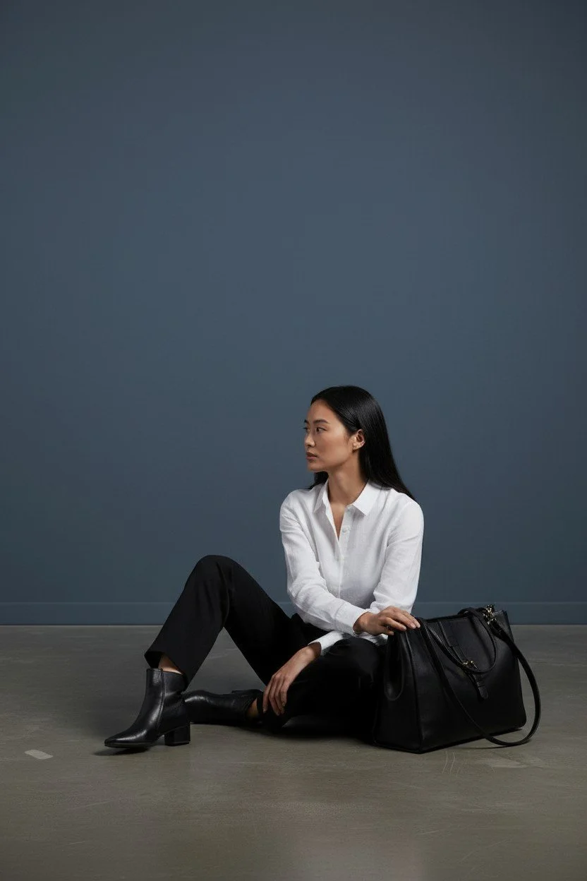 A woman sitting on the floor against a plain dark blue wall, wearing a white blouse, black pants, and black ankle boots, with a large black handbag beside her.