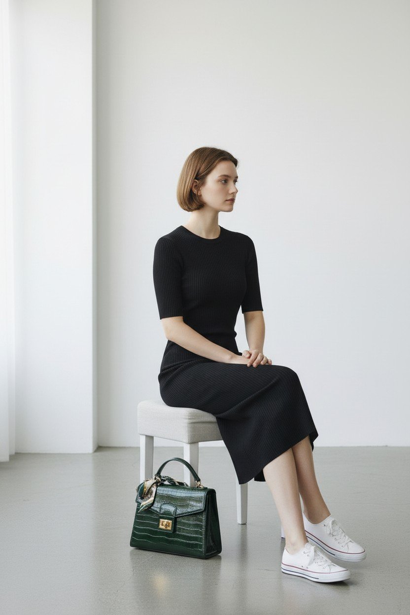 A young woman with short brown hair sitting on a white stool against a plain white wall, wearing a black dress, white sneakers, and a green handbag placed on the floor beside her.