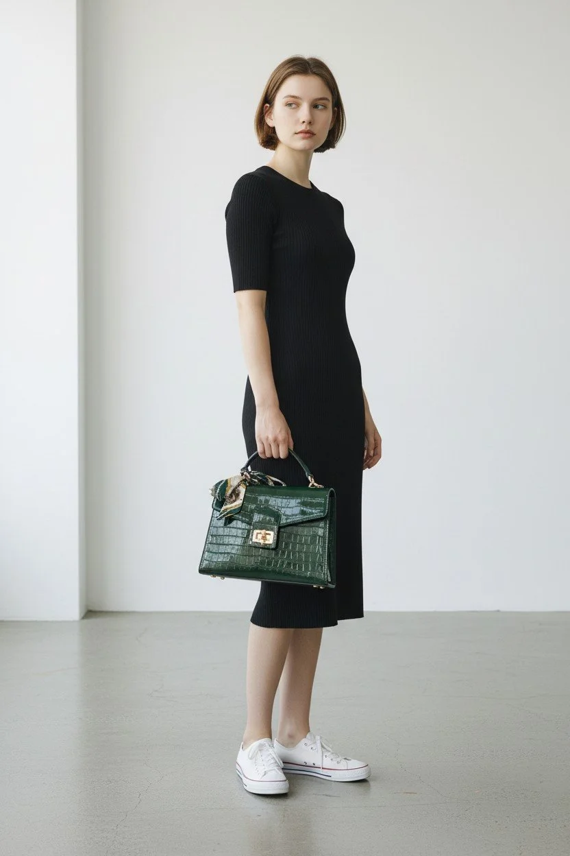 A young woman with shoulder-length brown hair is wearing a fitted black dress with short sleeves, white sneakers, and holding a green handbag with a scarf tied to its handle. She stands in a minimalistic room with white walls and a gray floor.