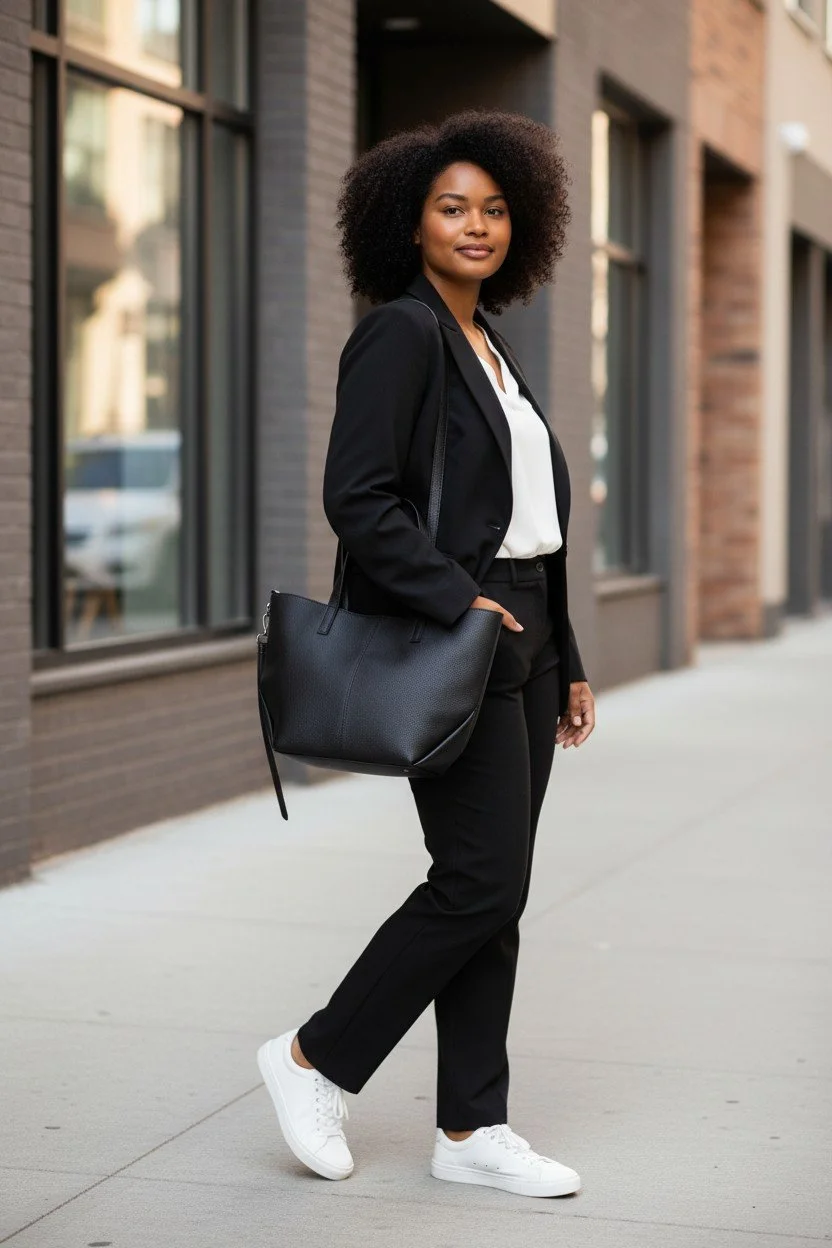 A woman with curly hair dressed in a black suit with a white blouse standing on a sidewalk in an urban area, carrying a large black handbag.