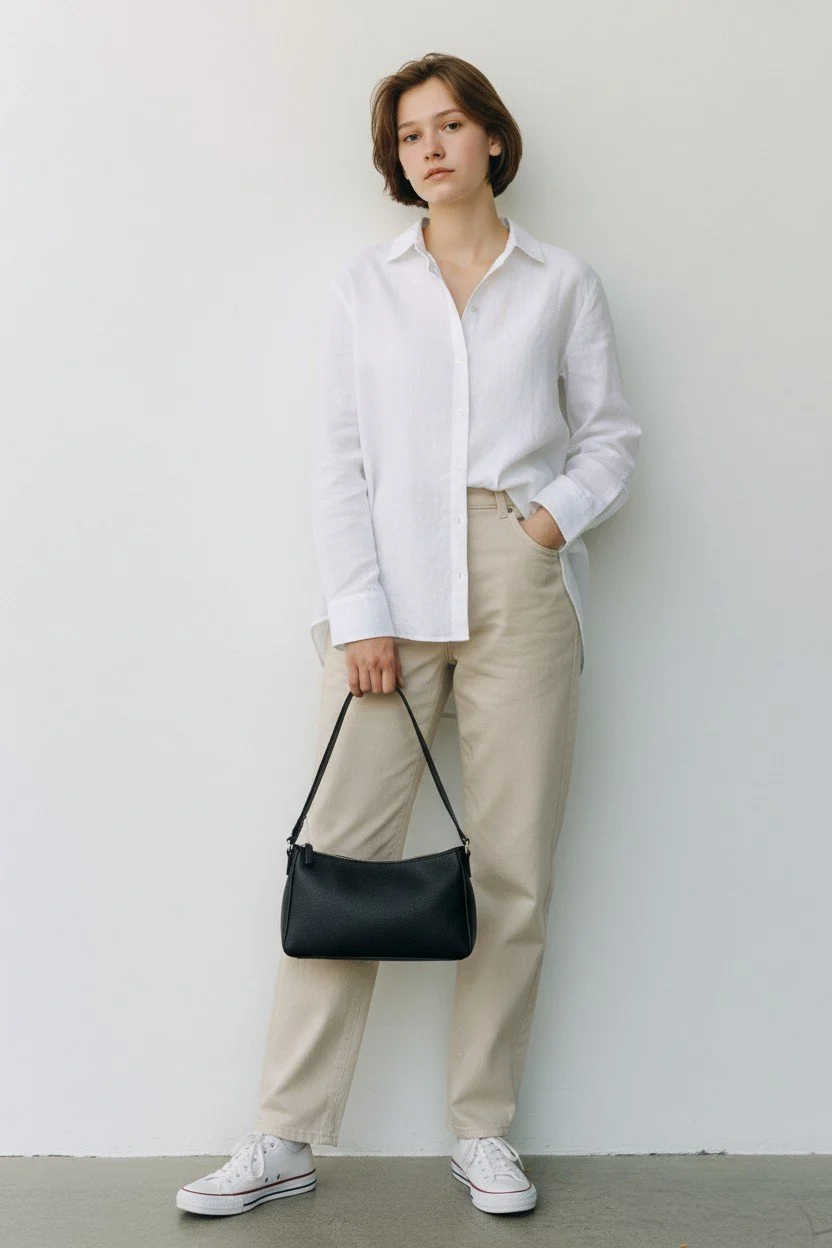 A young woman with short brown hair wearing a white button-up shirt, beige pants, white sneakers, and holding a black purse stands against a plain white wall.