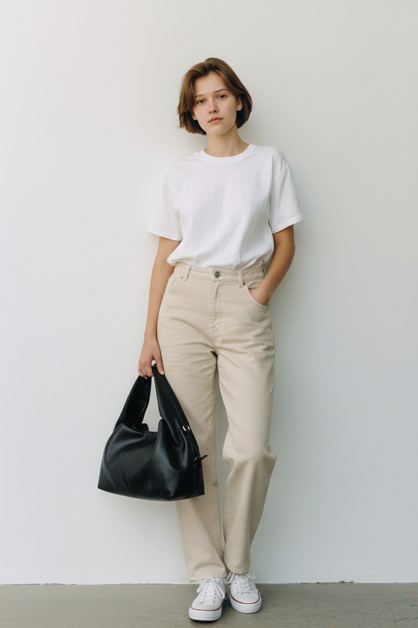 A young woman with short brown hair standing against a plain white wall, dressed in a white T-shirt, beige pants, white sneakers, and holding a black handbag.