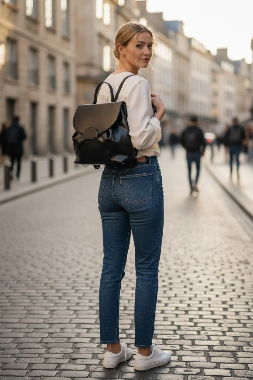 A young woman with blonde hair, wearing a white long-sleeve top, blue jeans, and white sneakers, stands on a cobblestone street in a city, carrying a black backpack over her shoulder.