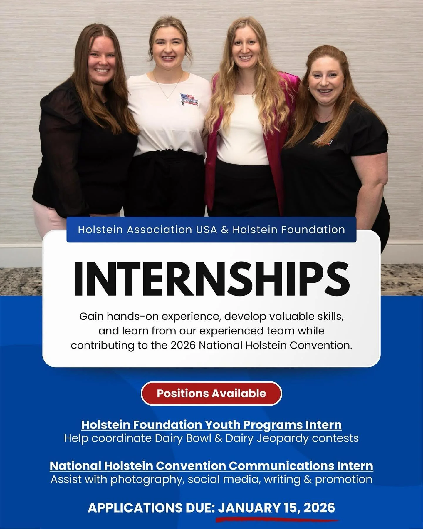 We have internship opportunities available!

Holstein Association USA and the Holstein Foundation are offering hands-on, paid internships at the 2026 National @holsteinconvention in Orlando, FL. Gain real-world experience, build your skills, and lear