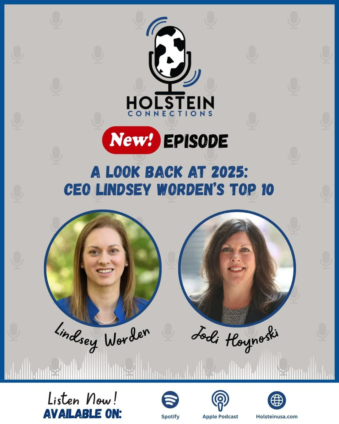 In this episode of Holstein Connections, CEO Lindsey Worden counts down her "Top 10" of 2025. The lively conversation with host Jodi Hoynoski spans from the success of Holstein Association USA programs to new initiatives in 2025. Lindsey al