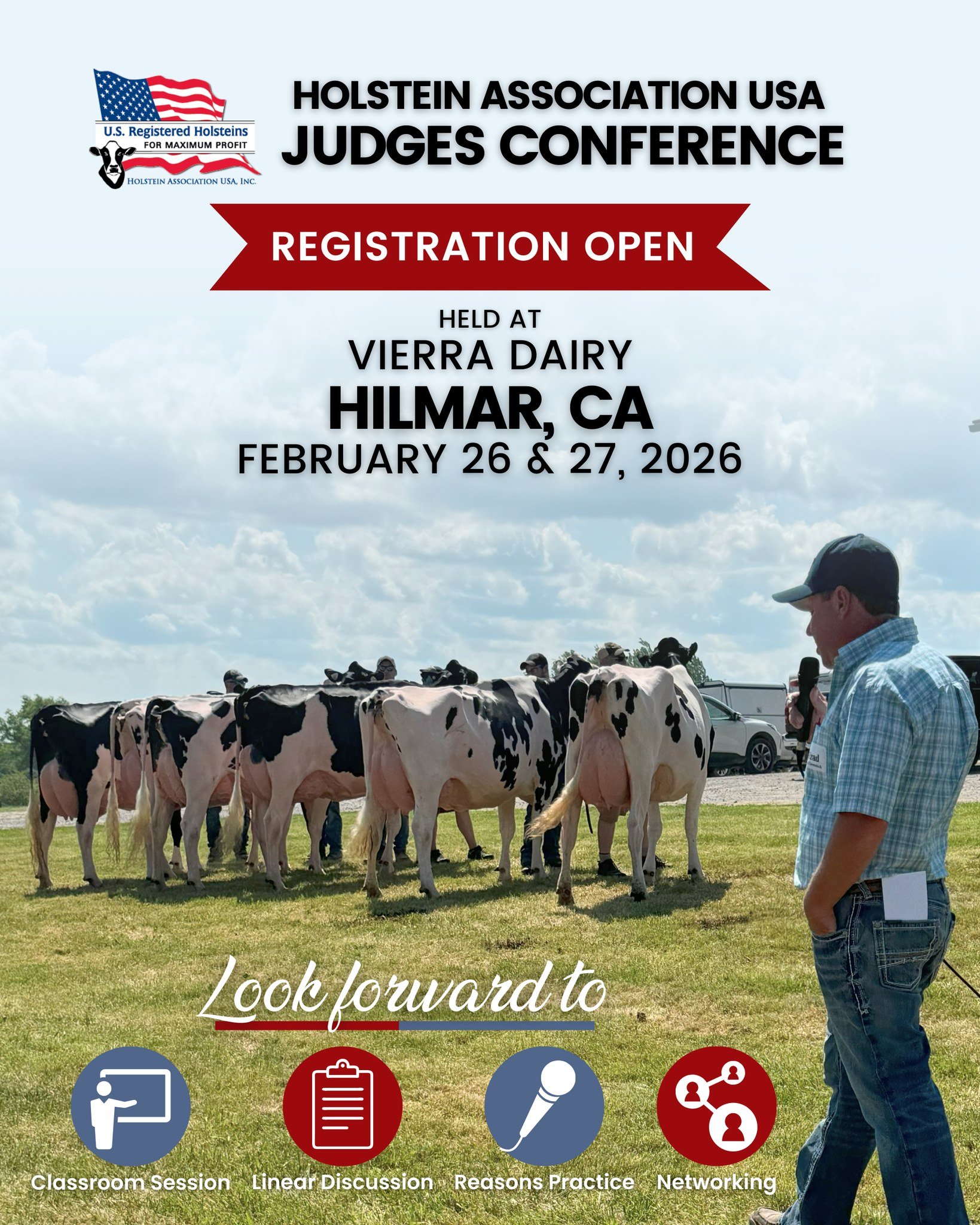 Registration for the 2026 Judges Conference is NOW OPEN!

The conference is designed to sharpen participants&rsquo; judging skills, deepen their understanding of Holstein cattle evaluation, and promote consistency in the show ring.

What to expect:
?