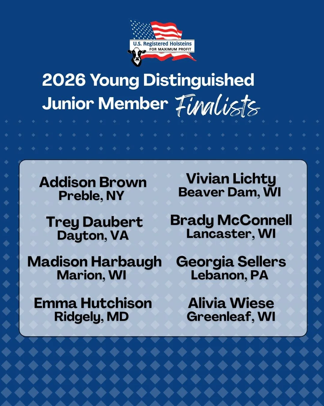 Congratulations to our 2026 Young Distinguished Junior Members! 🐄🏆

These talented young members, ages 9-16, have been selected for their impressive achievements, contributions, and dedication to the dairy industry.

We are so proud of these up-and