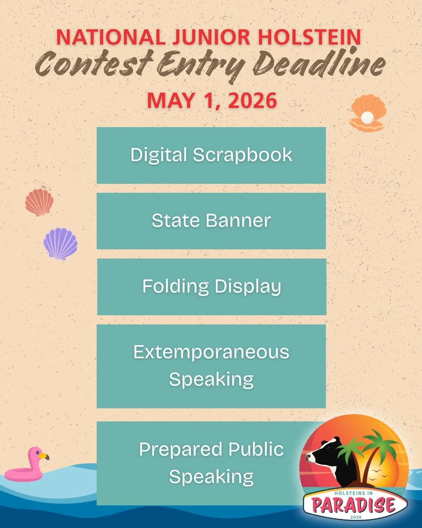 Contest entries for the National Junior Holstein Association are due TODAY (Friday, May 1).

Don&rsquo;t miss the chance to put your creativity, knowledge, or public speaking skills on display during the National Holstein Convention in Orlando, Flori