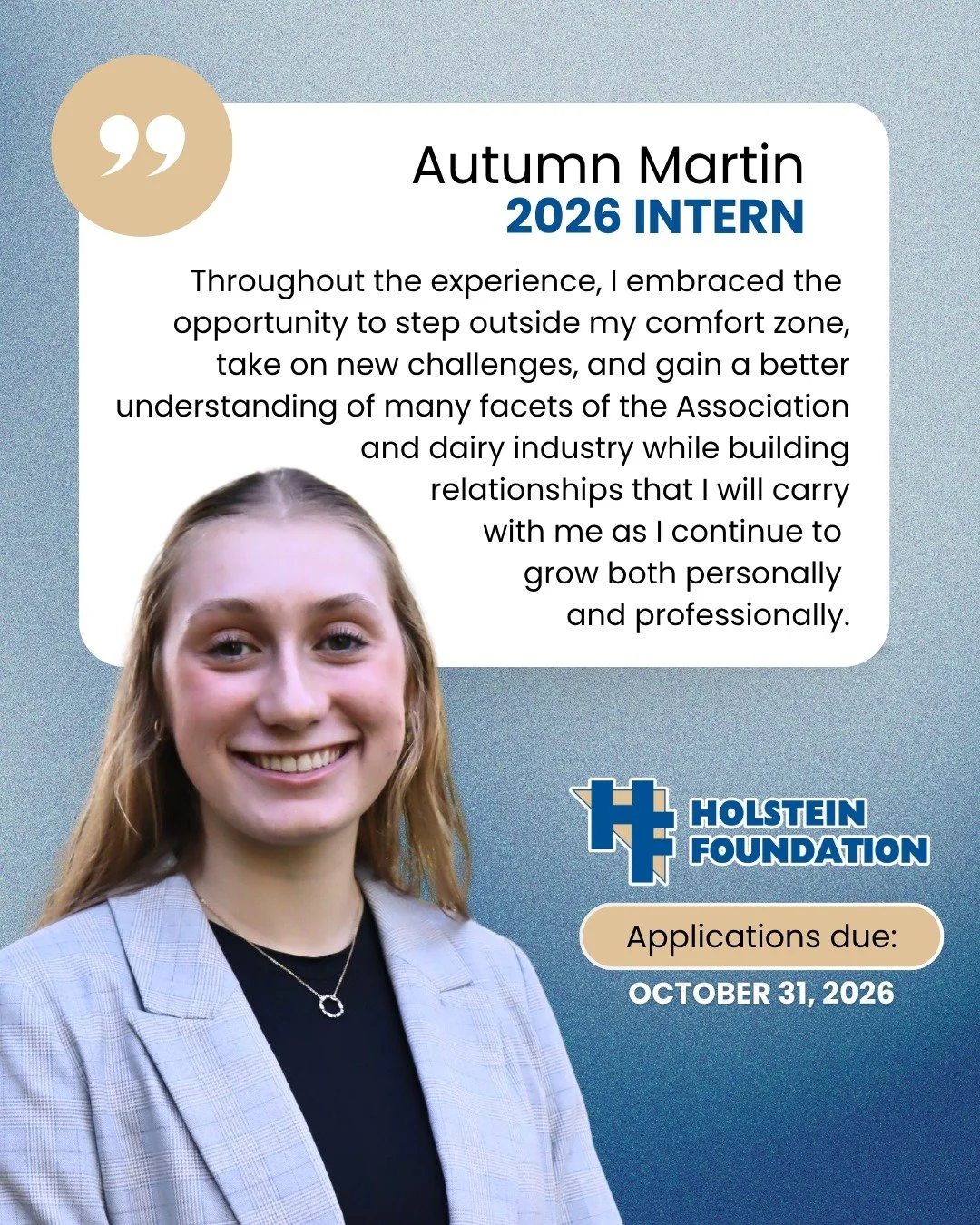 Looking for an internship that goes beyond the office?

The Holstein Foundation and Holstein Association USA are now accepting applications for two 2027 summer internship positions. Interns will work alongside industry leaders while contributing to t