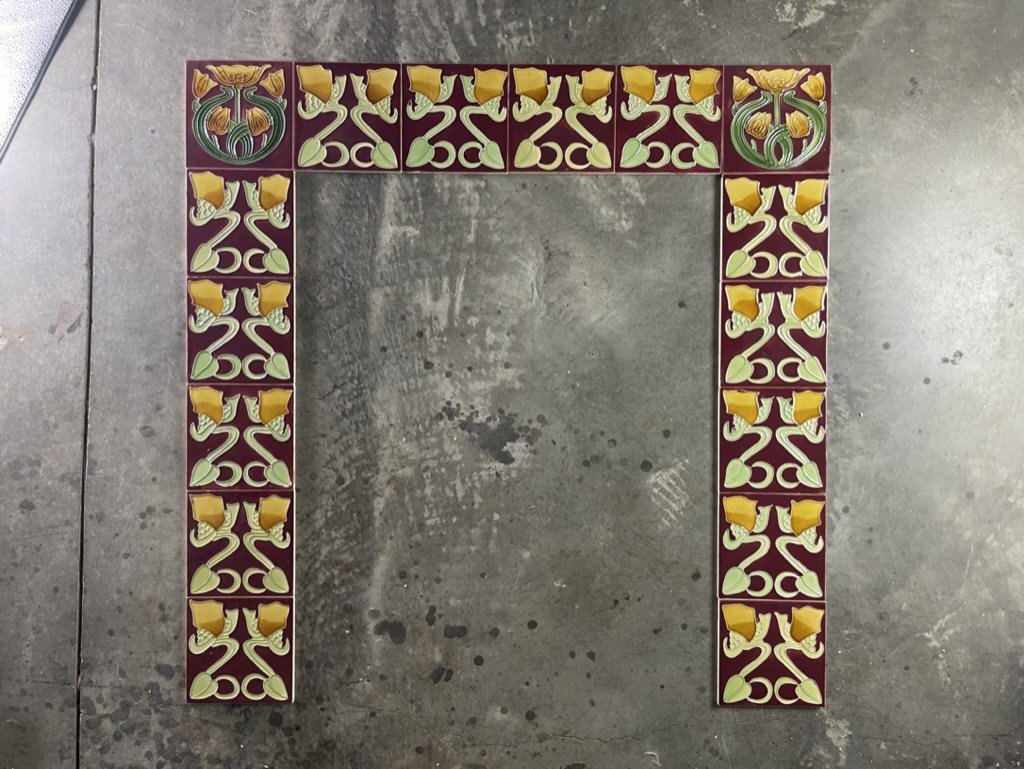Art Nouveau Floral Figural Tile Fireplace Surround