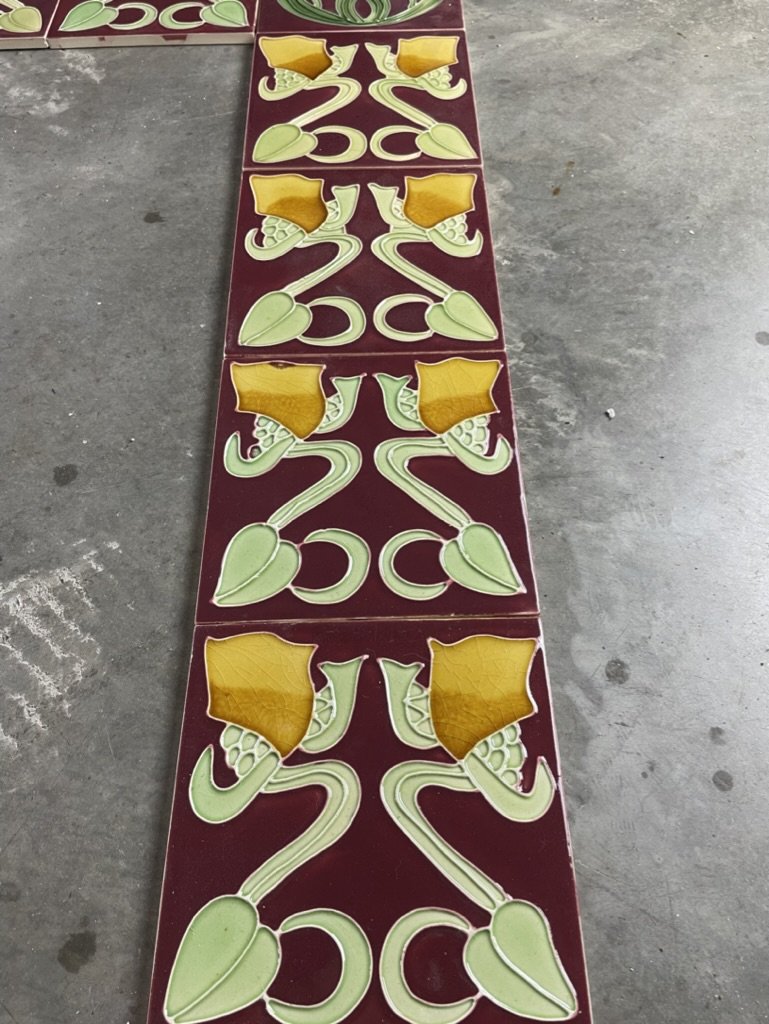 Art Nouveau Floral Figural Tile Fireplace Surround