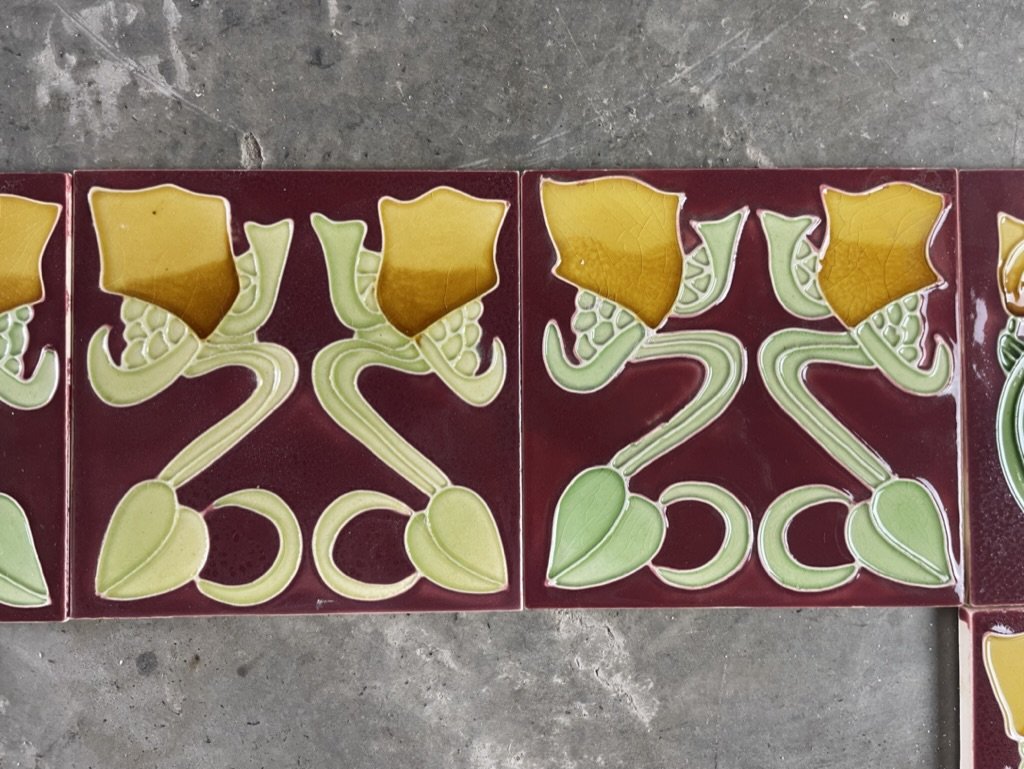 Art Nouveau Floral Figural Tile Fireplace Surround