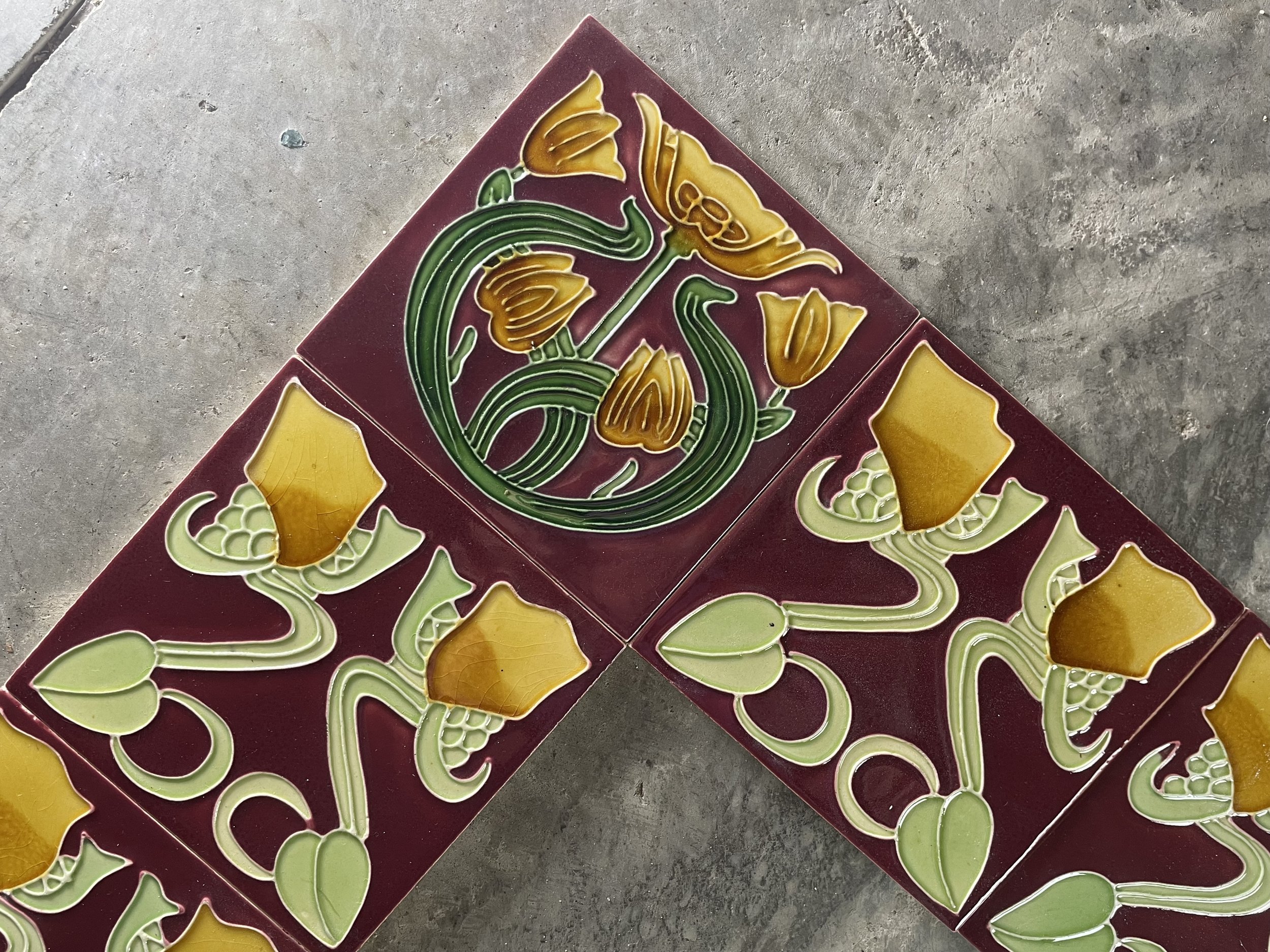 Art Nouveau Floral Figural Tile Fireplace Surround
