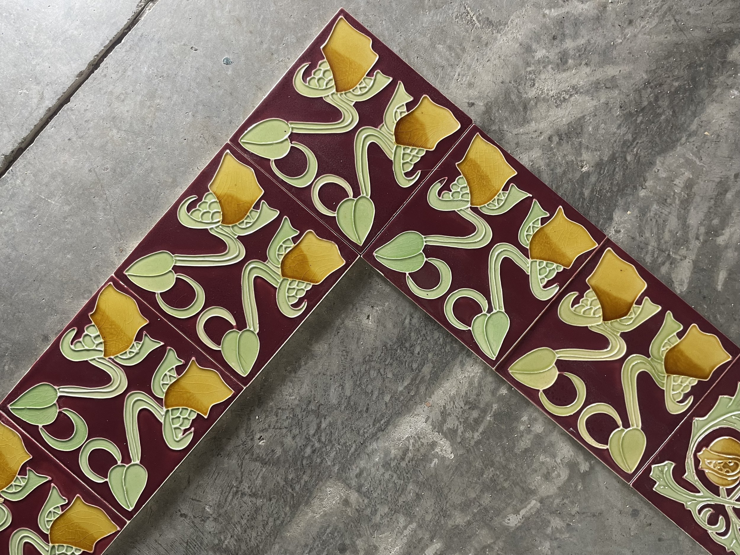 Art Nouveau Floral Figural Tile Fireplace Surround