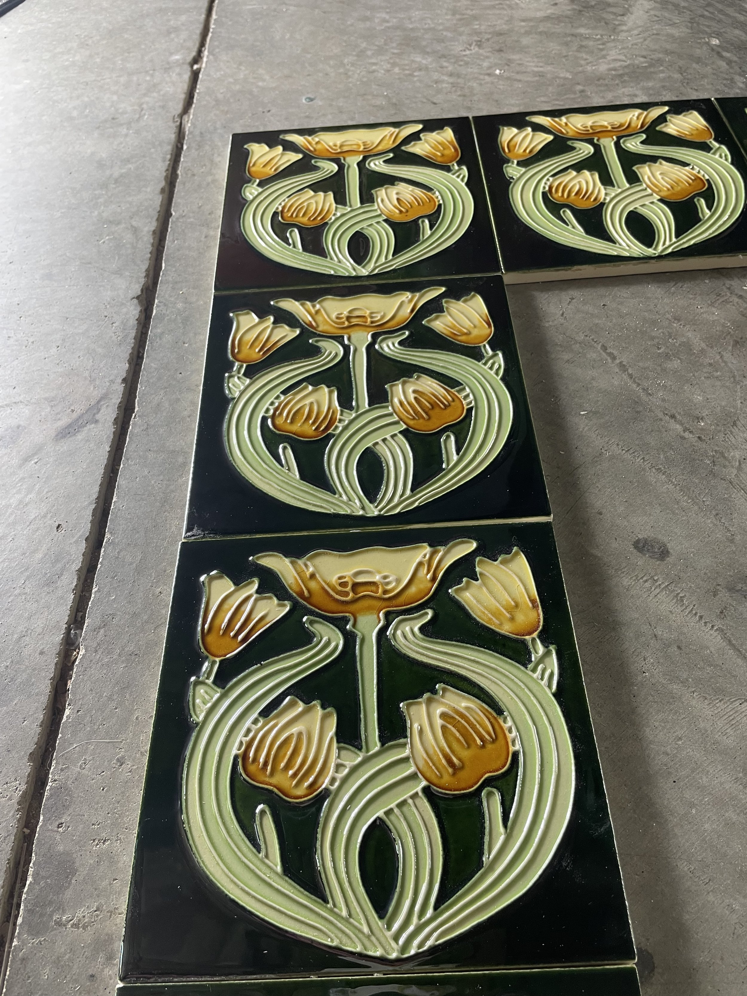 Art Nouveau Floral Figural Fireplace Tile Surround