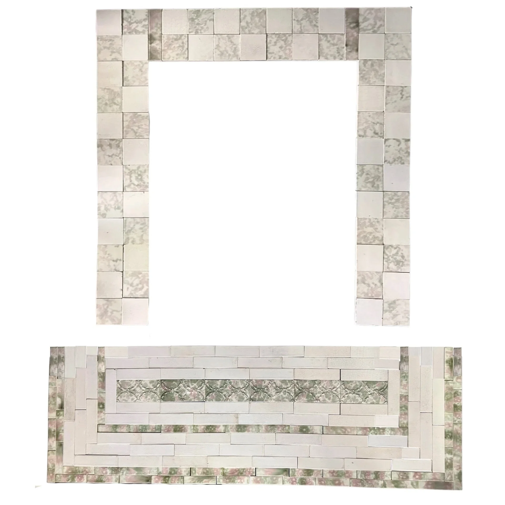 Antique Victorian fireplace surround and hearth featuring pink, green and white mottled tiles, decorative floral inserts, checkerboard design