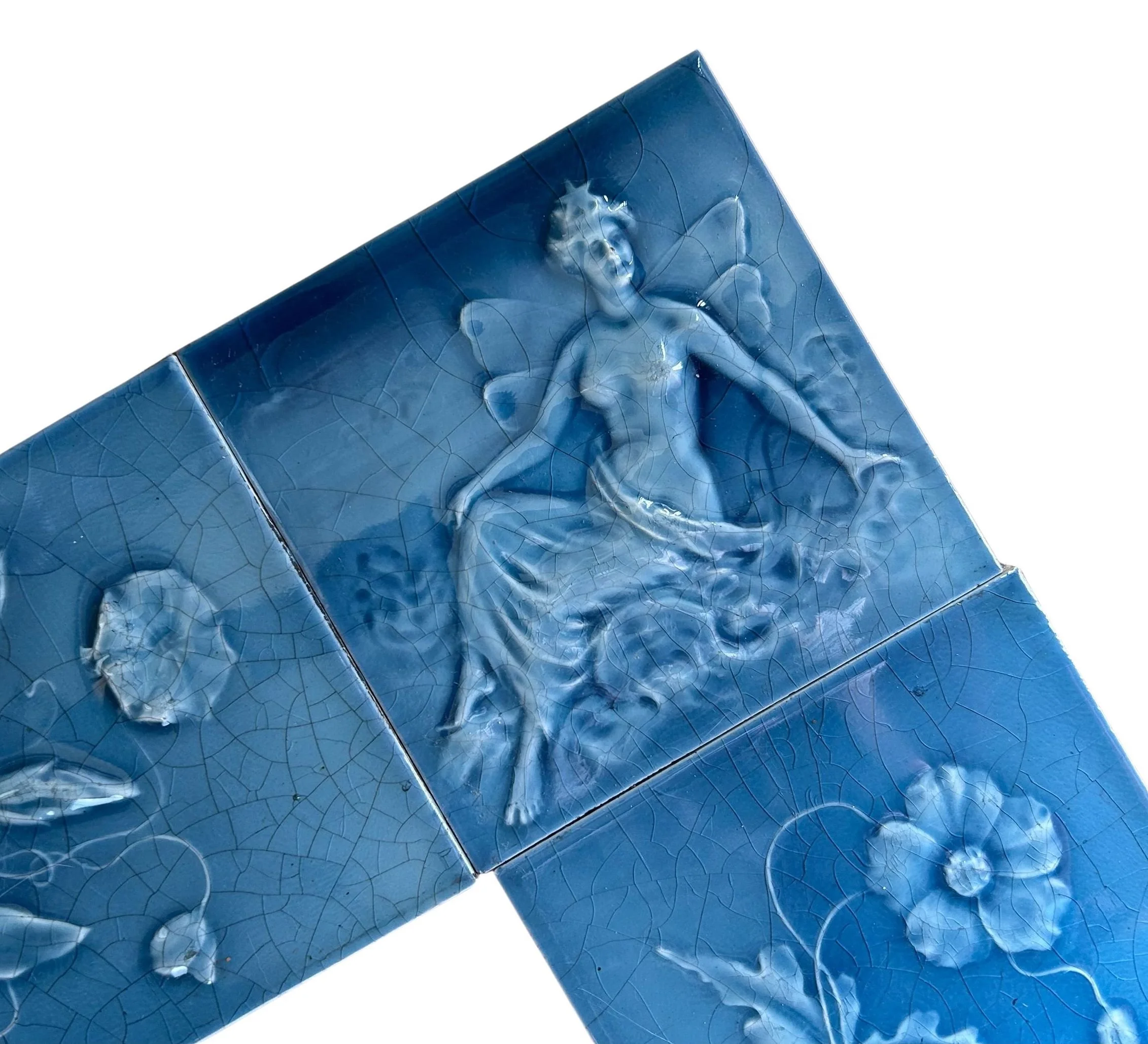 Victorian blue figural floral fireplace tile design surround