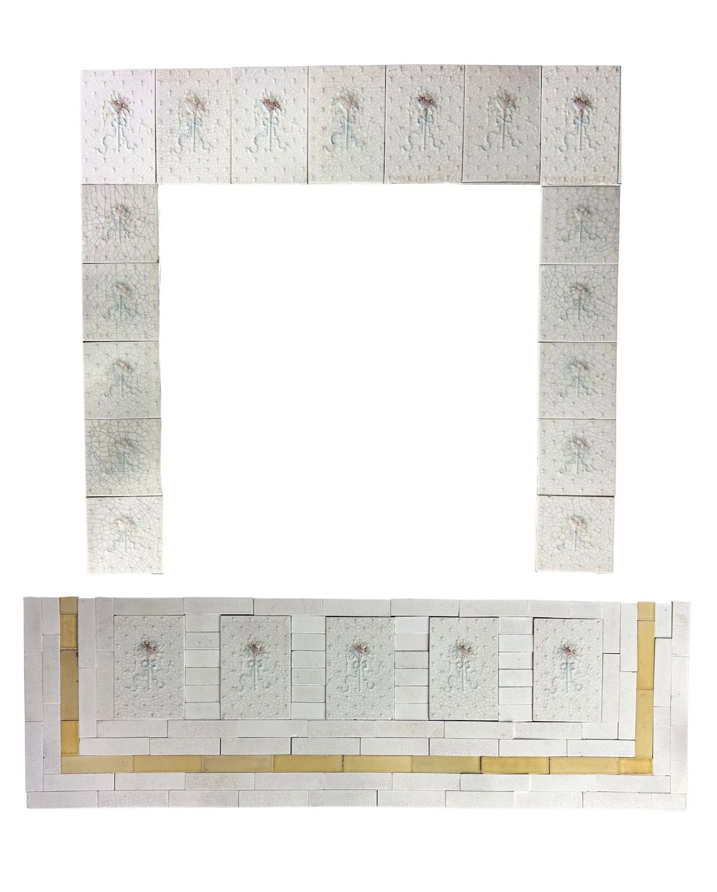 Antique Victorian fireplace surround and hearth featuring delicate floral tiles, pale crackle glazes, and soft blue, pink, yellow, and cream details.