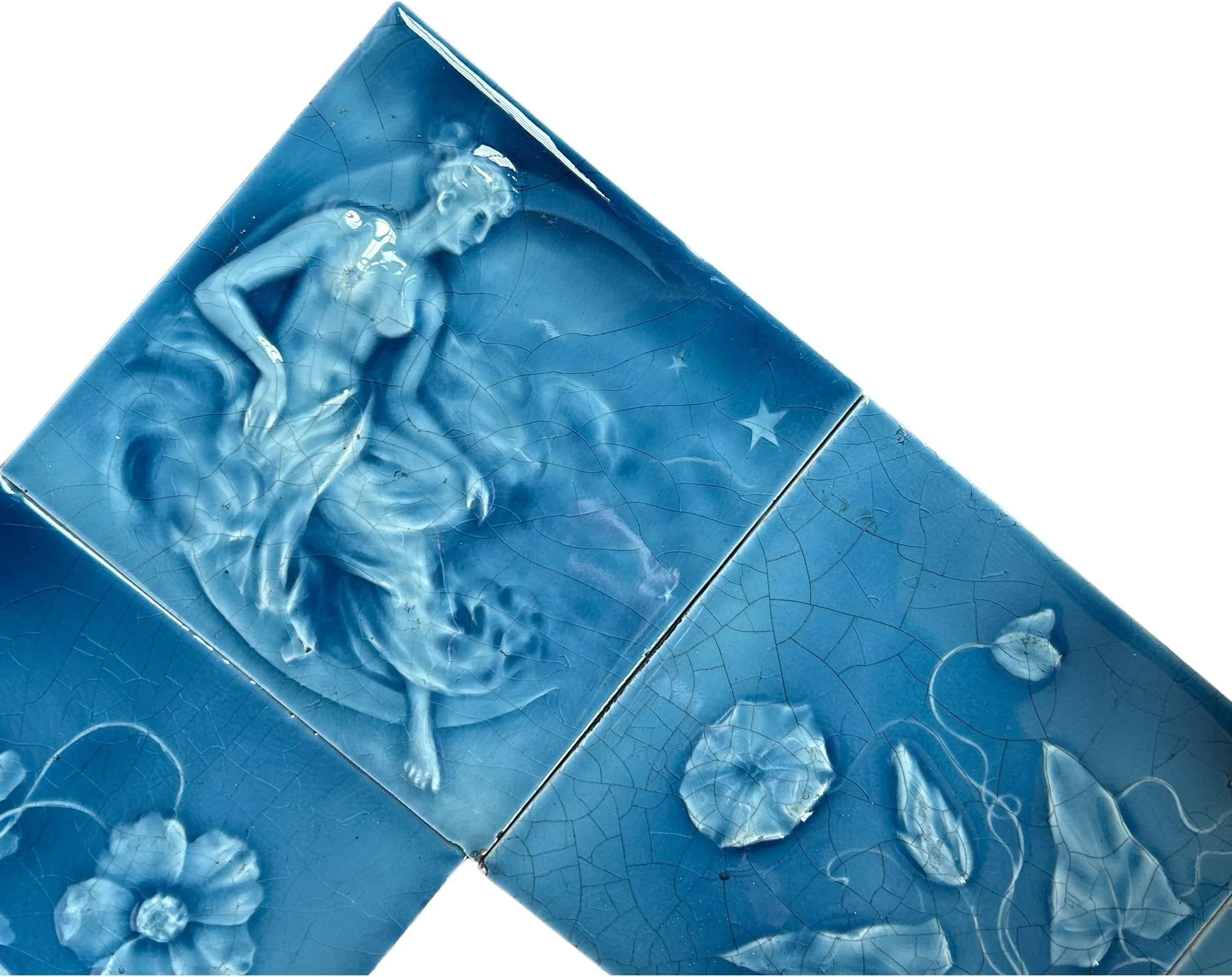 Victorian blue figural floral fireplace tile design surround