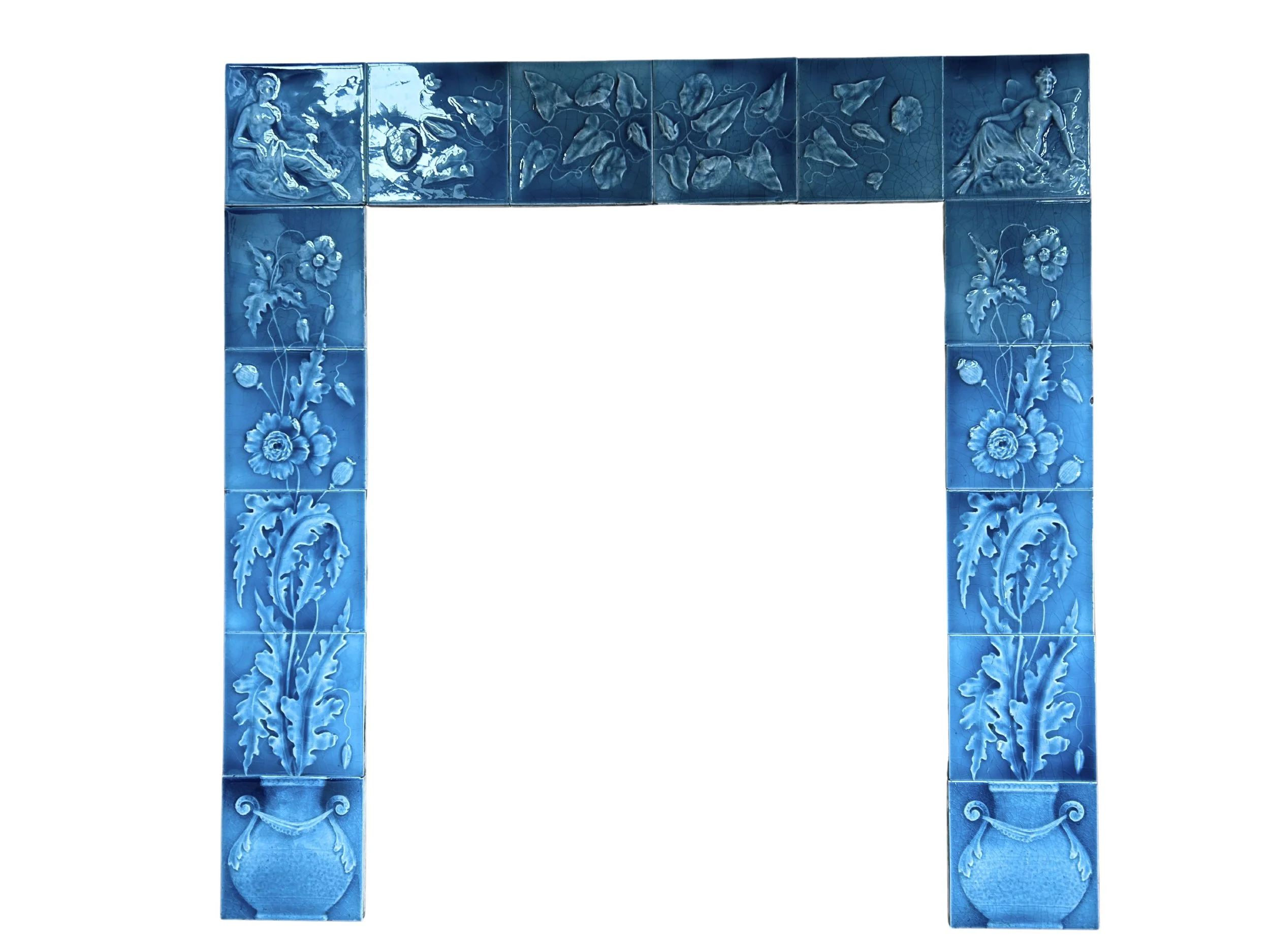 Victorian blue figural floral fireplace tile design surround
