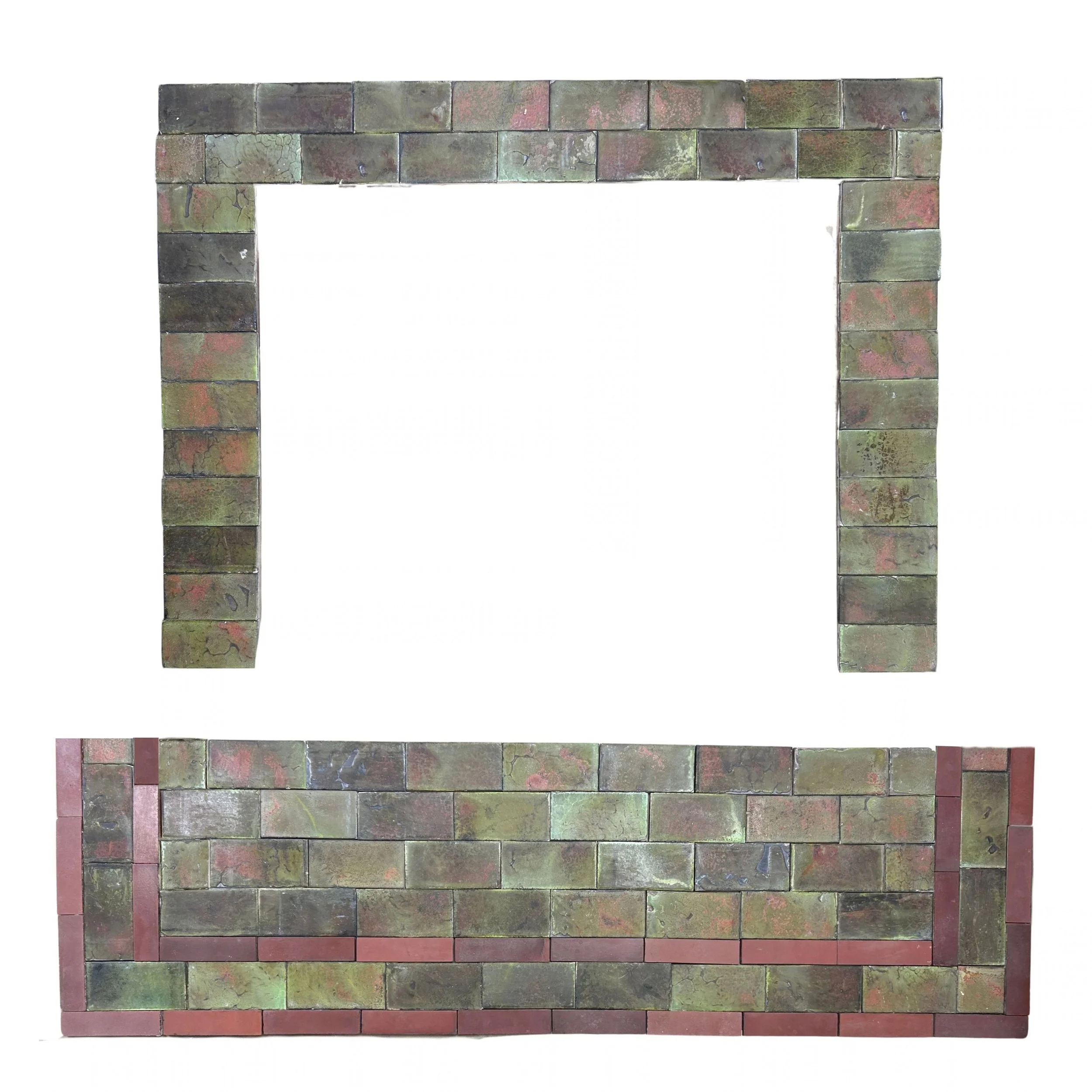 Antique Arts and Crafts Craftsman fireplace surround and hearth featuring mottled olive green, brown, and red tiles with richly varied, earthy glazes.
