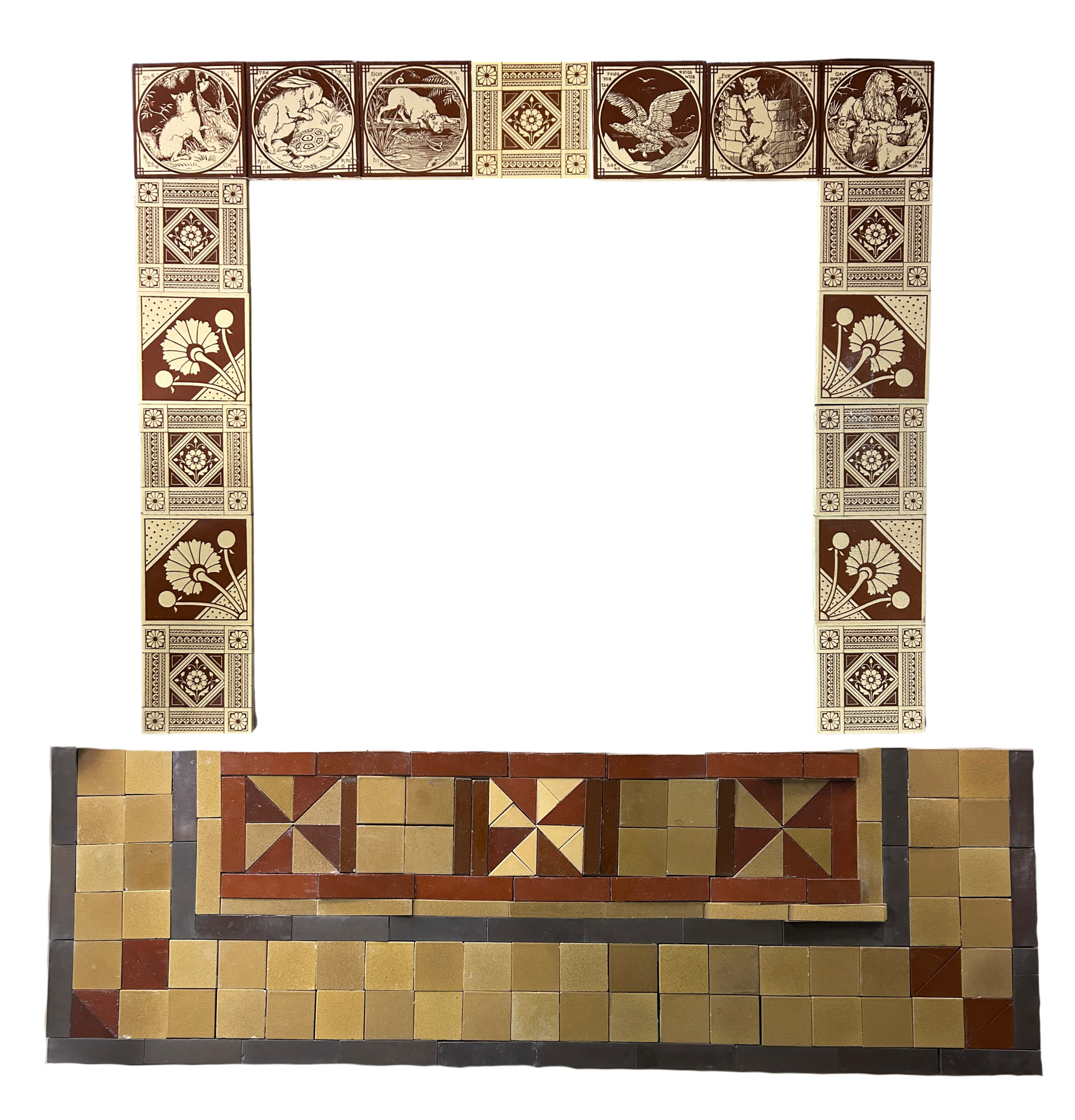 English Victorian Transferware Tile Minton Hollins Fireplace Surround Hearth Mantel