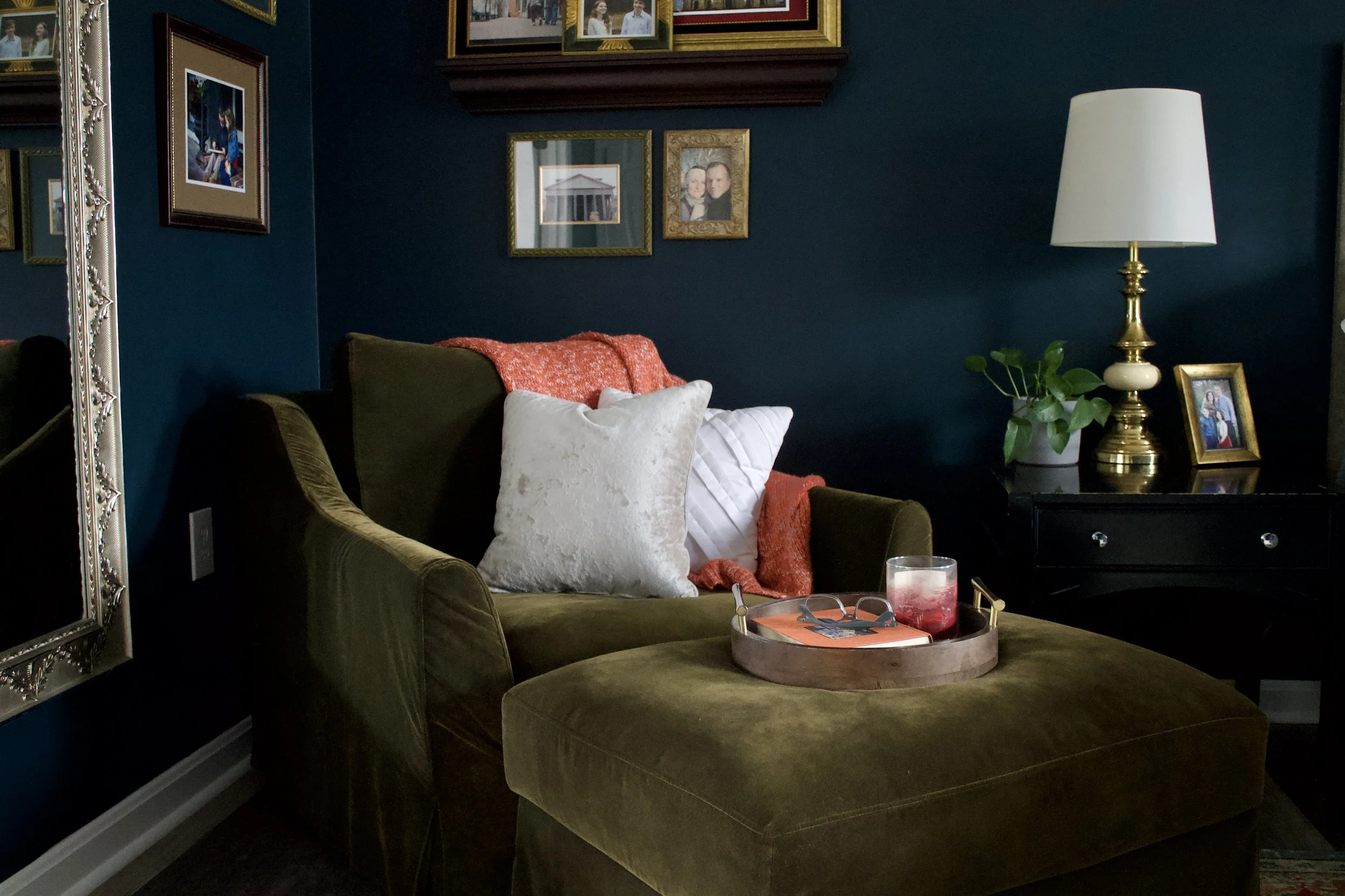 Using Green as a Neutral Green Velvet Side Chair with Deep Teal Walls