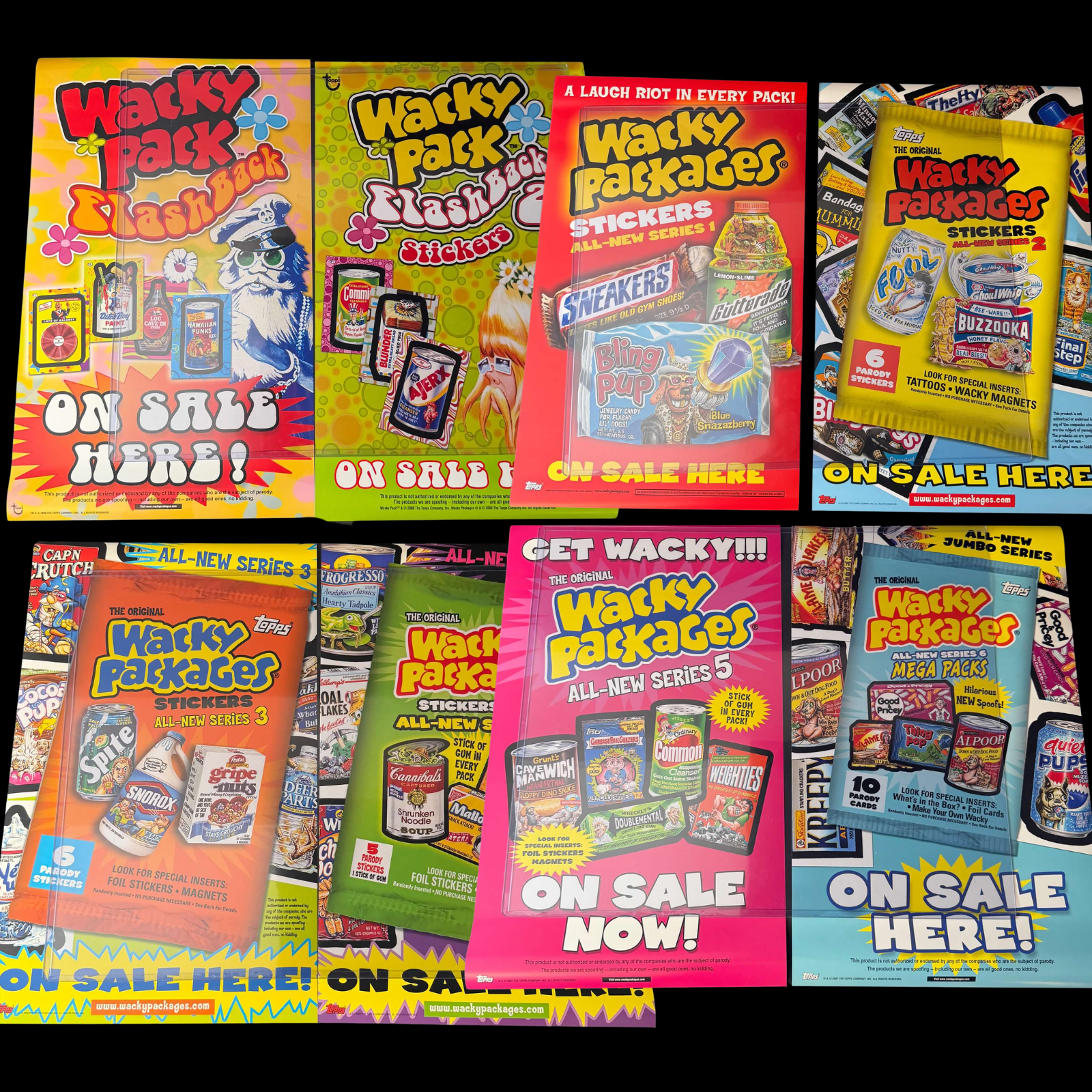WACKY PACKAGES FLASHBACK 1 & 2 ALL NEW SERIES 1-6 POSTERS 17x10.5 LOT OF 8
