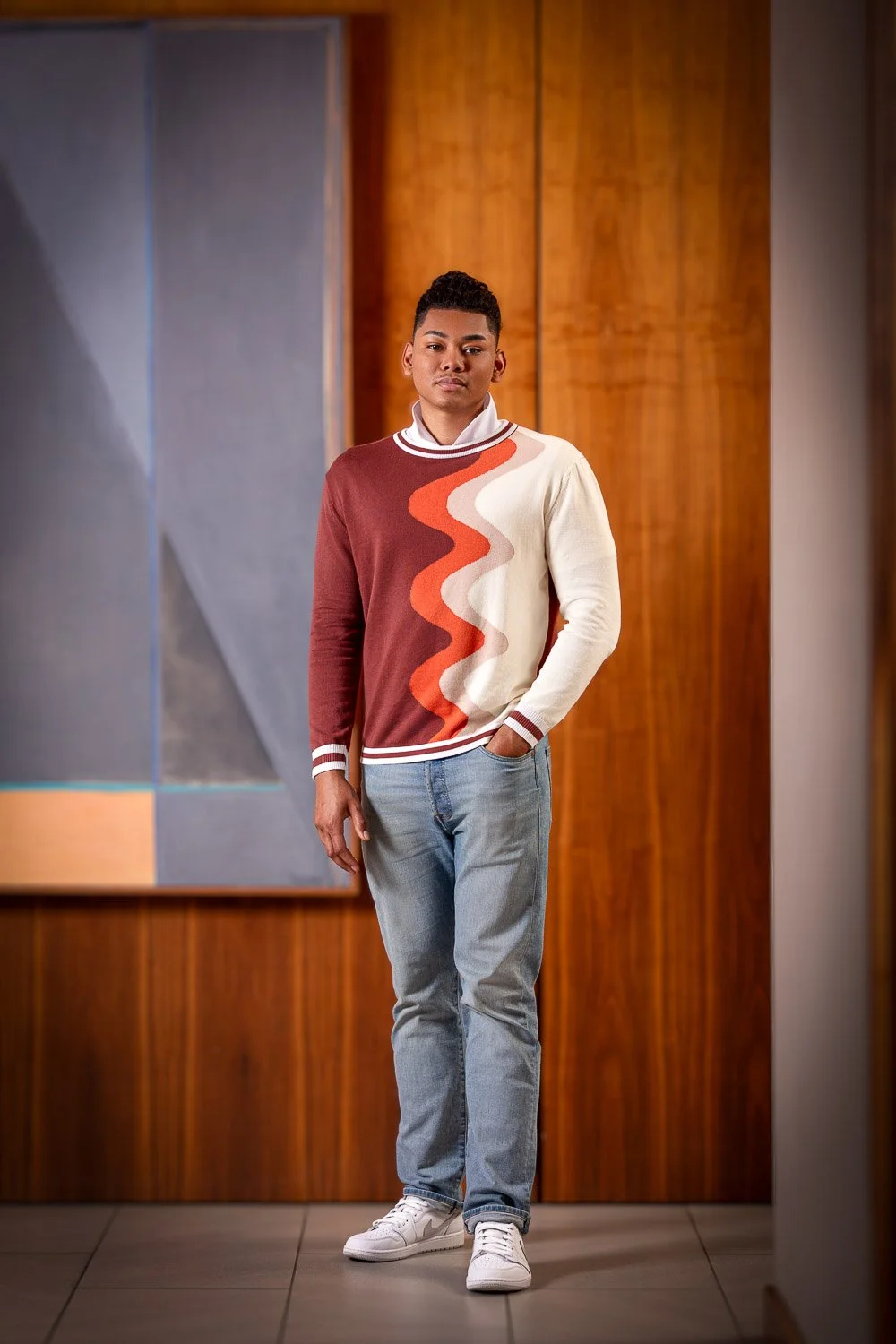 Portsmouth NH fashion lifestyle photography – Maxxology male model in casual designer sweater.