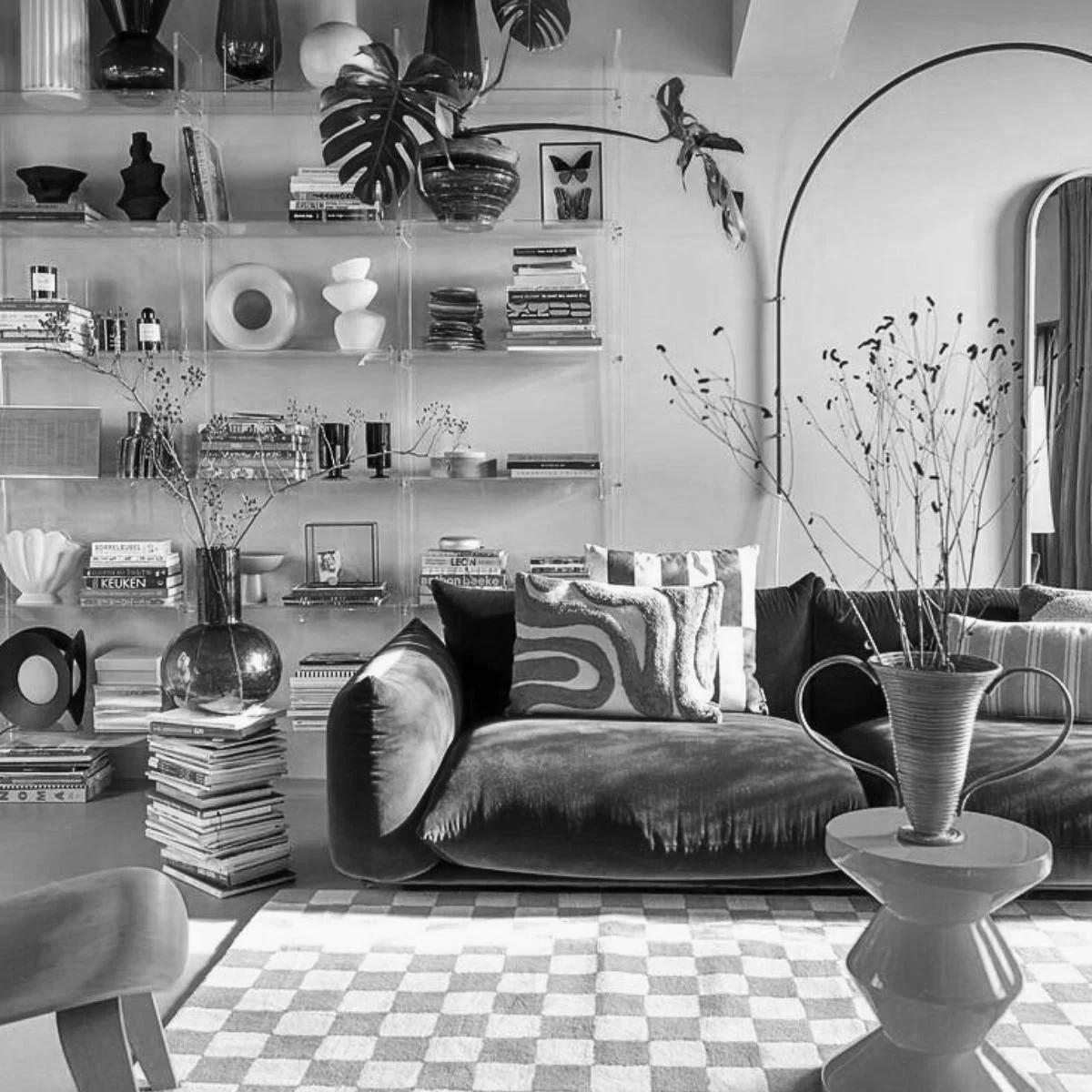 Black and white photo of a cozy living room with a dark velvet sofa, patterned pillows, a vase with dried branches on a small side table, and a tall plant with large leaves in the background. Shelves with books and decorative objects are on the wall behind the sofa.