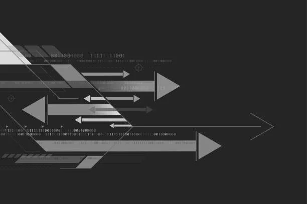 Abstract digital graphic with arrows and binary code in shades of gray and black.