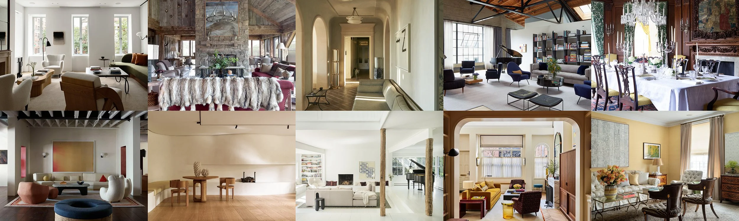 Collage of interior living rooms and dining areas with various furniture styles, including modern, vintage, and traditional decor.