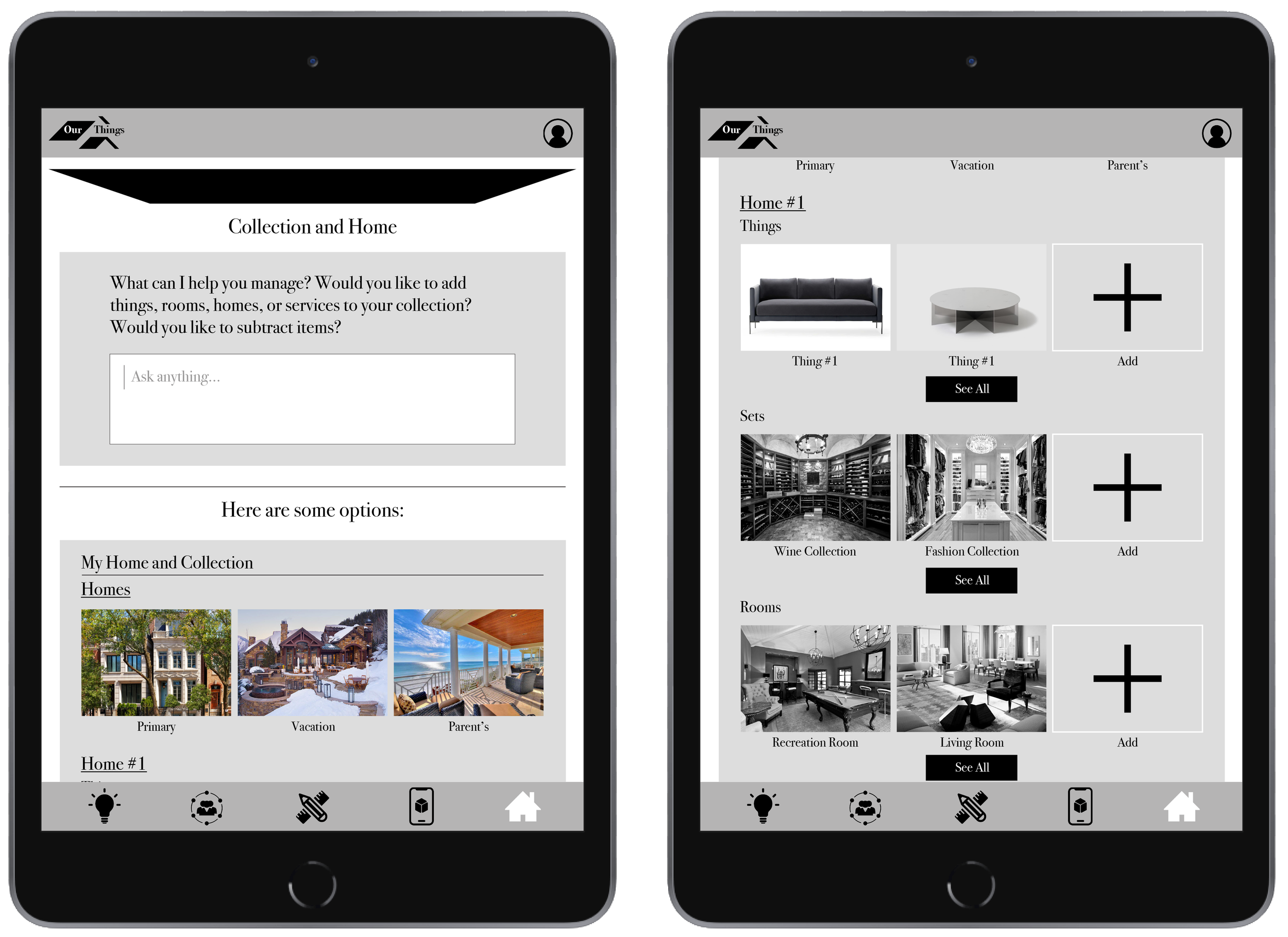 Screenshots of a home management app on two tablets, showing sections for managing home objects, collections, and rooms, with various furniture and home decor images, icons, and menu options.