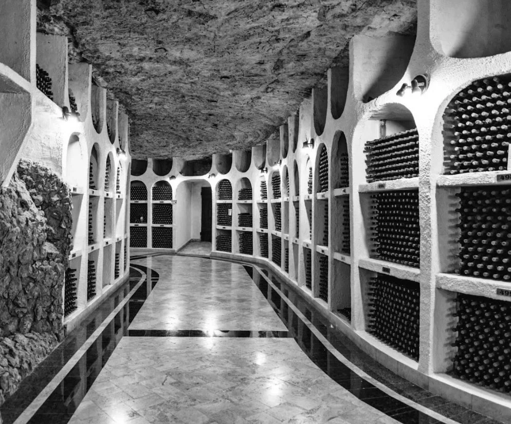 Wine cellar with arched shelves filled with wine bottles and a curved pathway.