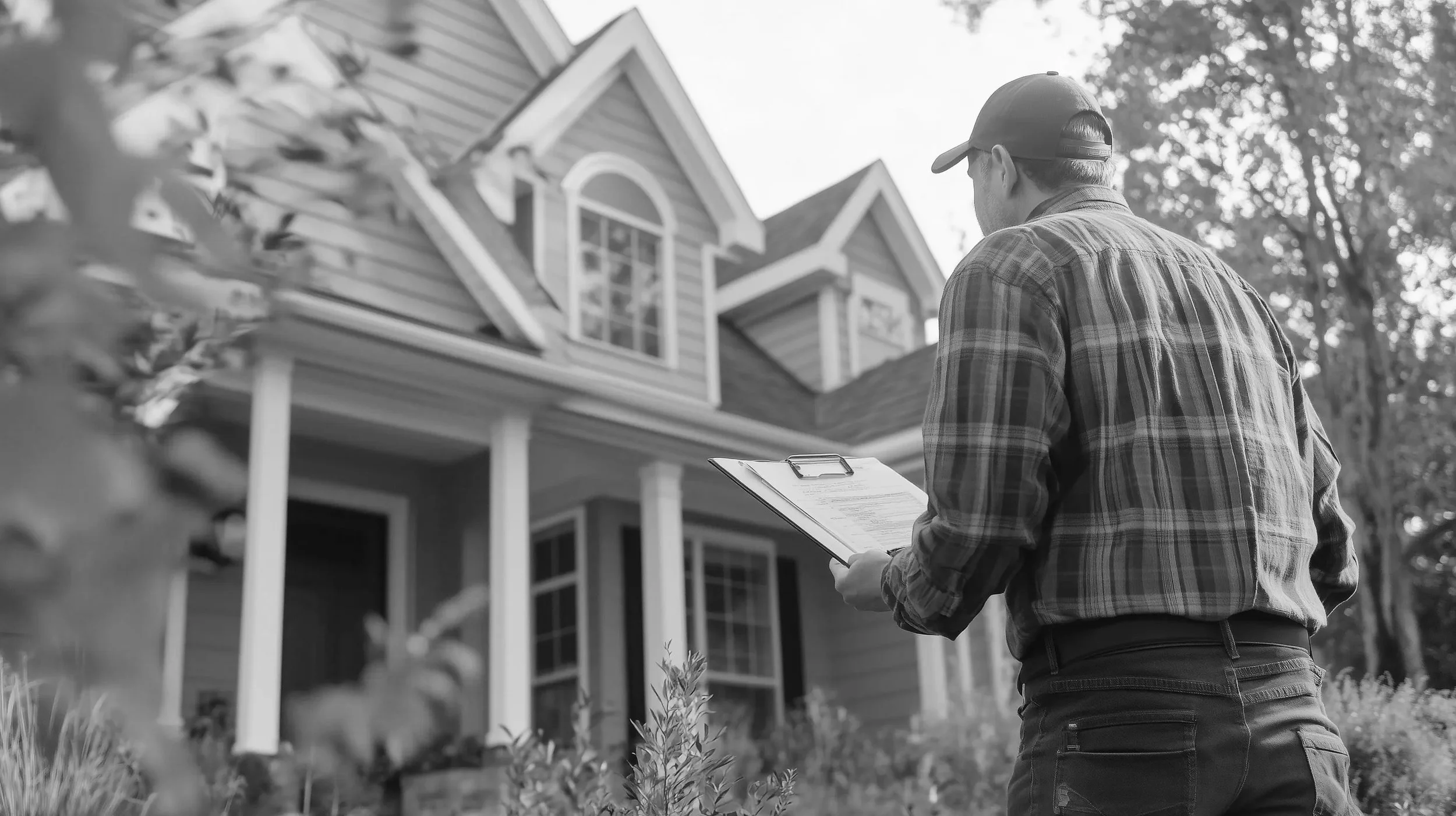 A man in a baseball cap and plaid shirt stands outside a two-story house, holding a clipboard and inspecting the property.