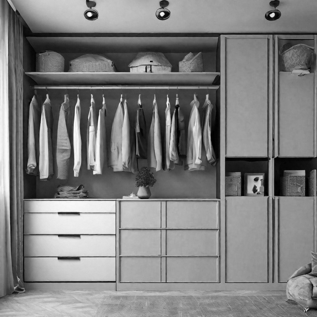 A closet with hanging clothes, shelves with storage baskets, a small plant on the counter, and drawers.