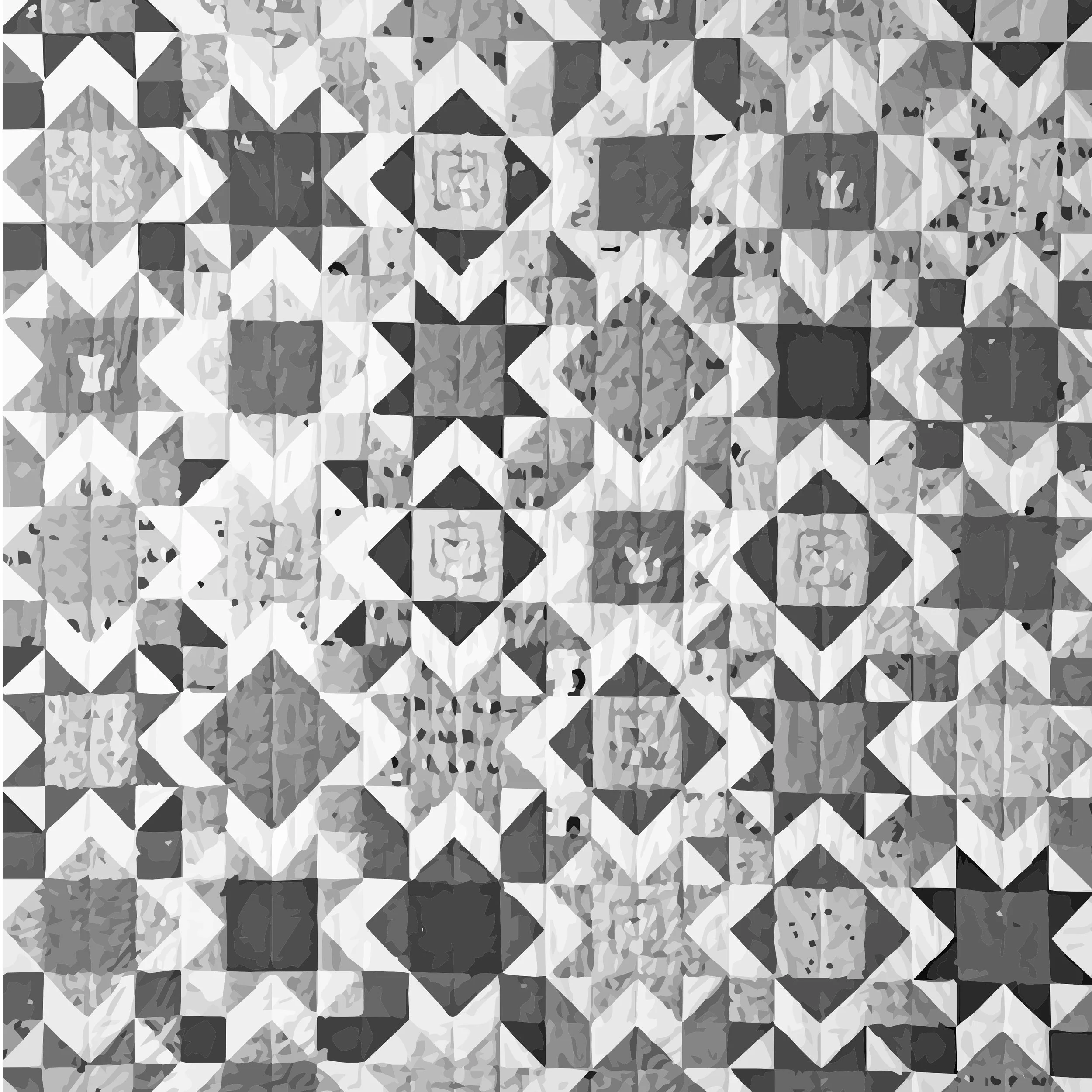 A complex mosaic pattern with various geometric shapes in shades of gray, black, and white.