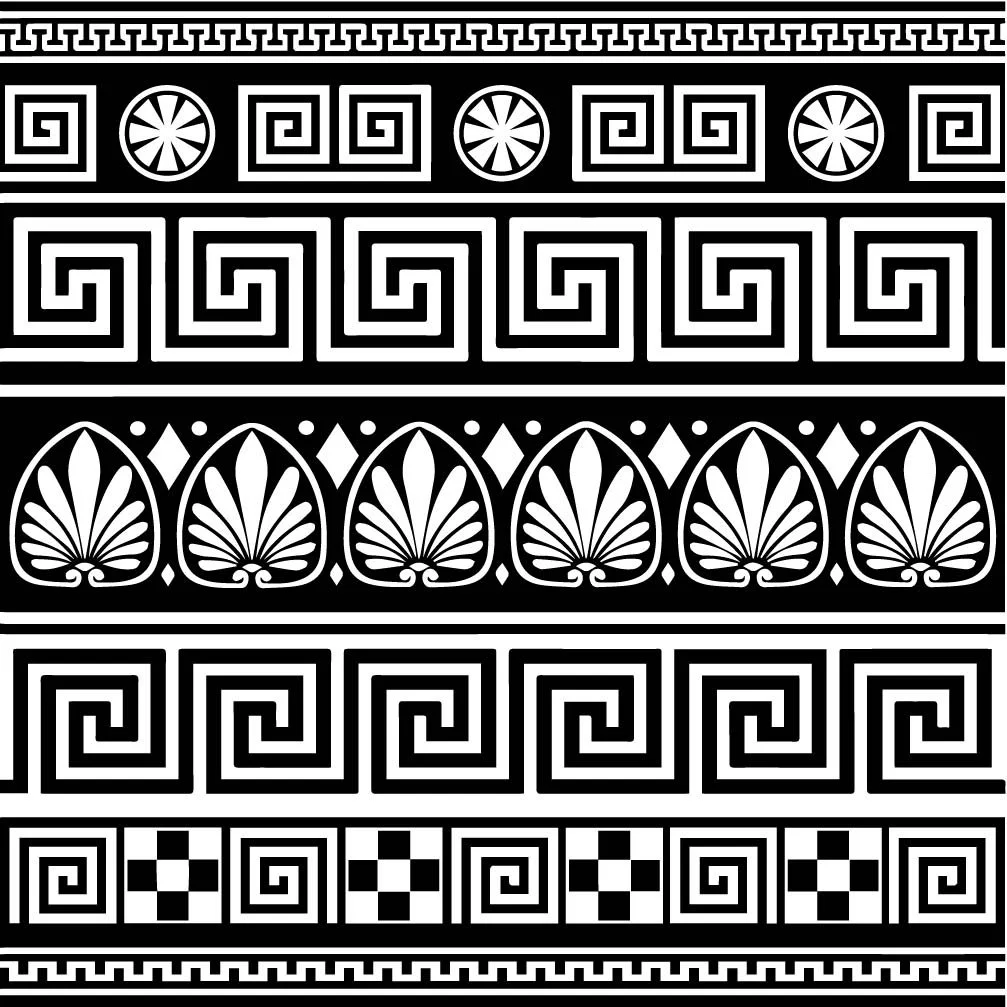 A black and white geometric pattern with Greek key designs, circular floral motifs, fan-shaped motifs, and checkered patterns layered in horizontal bands.
